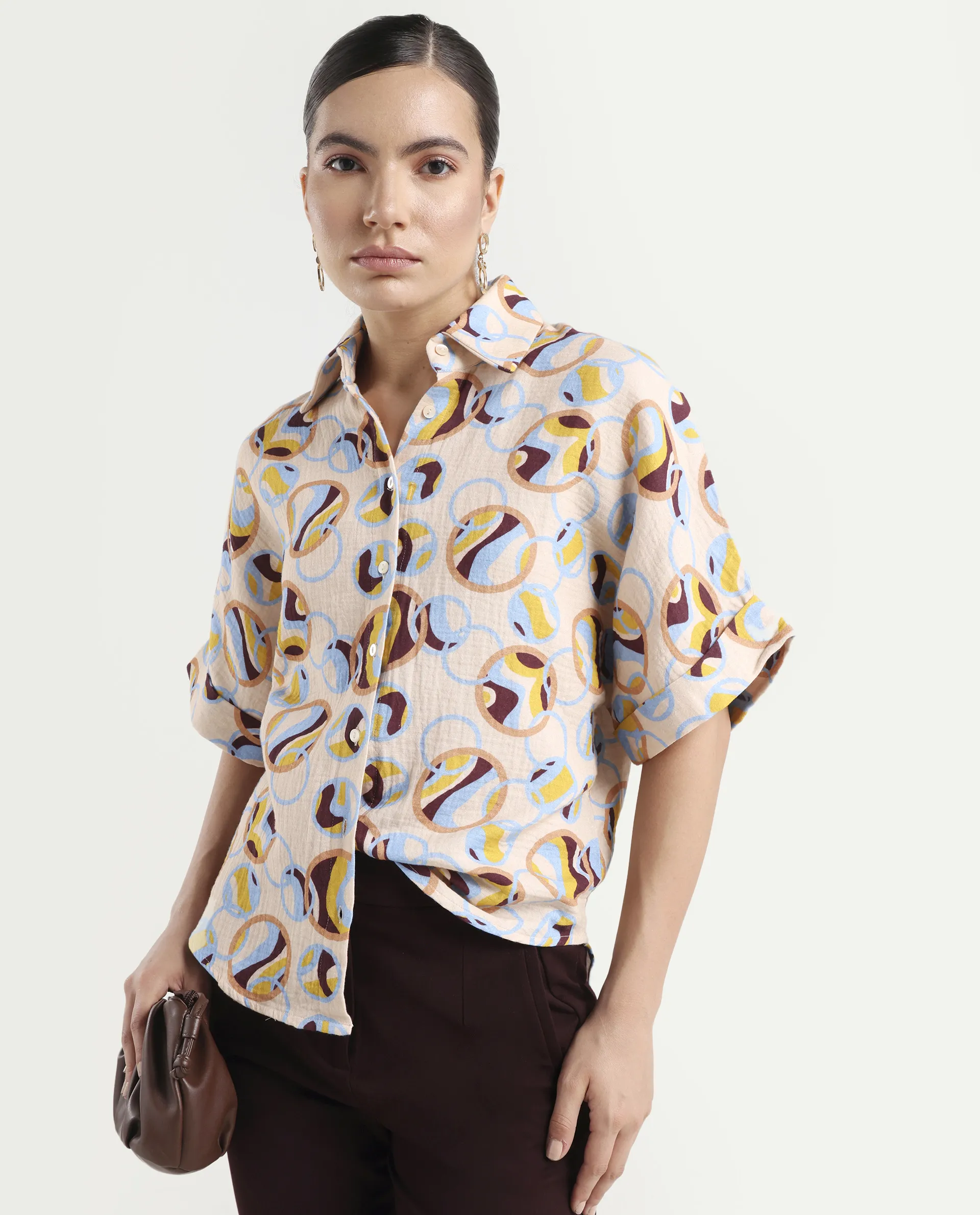 Rareism Women's Abuto-T Light Multi Cotton Drop Collar Abstract Print Extended Sleeves Regular Fit Shirt