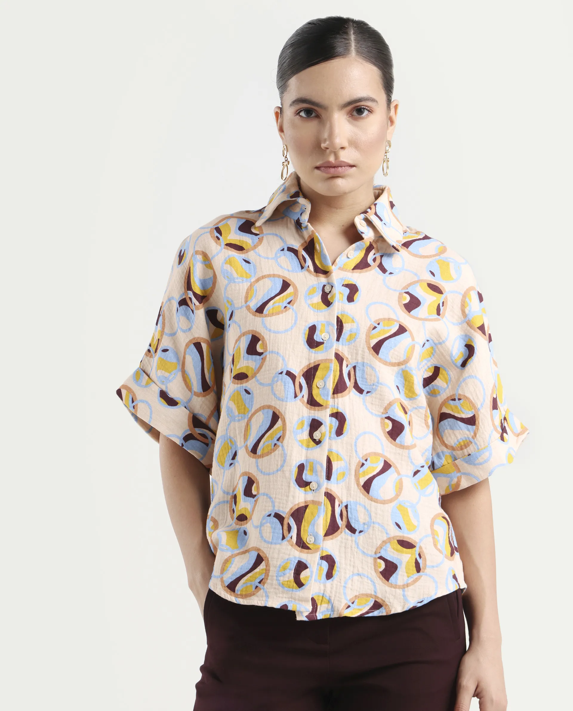 Rareism Women's Abuto-T Light Multi Cotton Drop Collar Abstract Print Extended Sleeves Regular Fit Shirt - Image 3