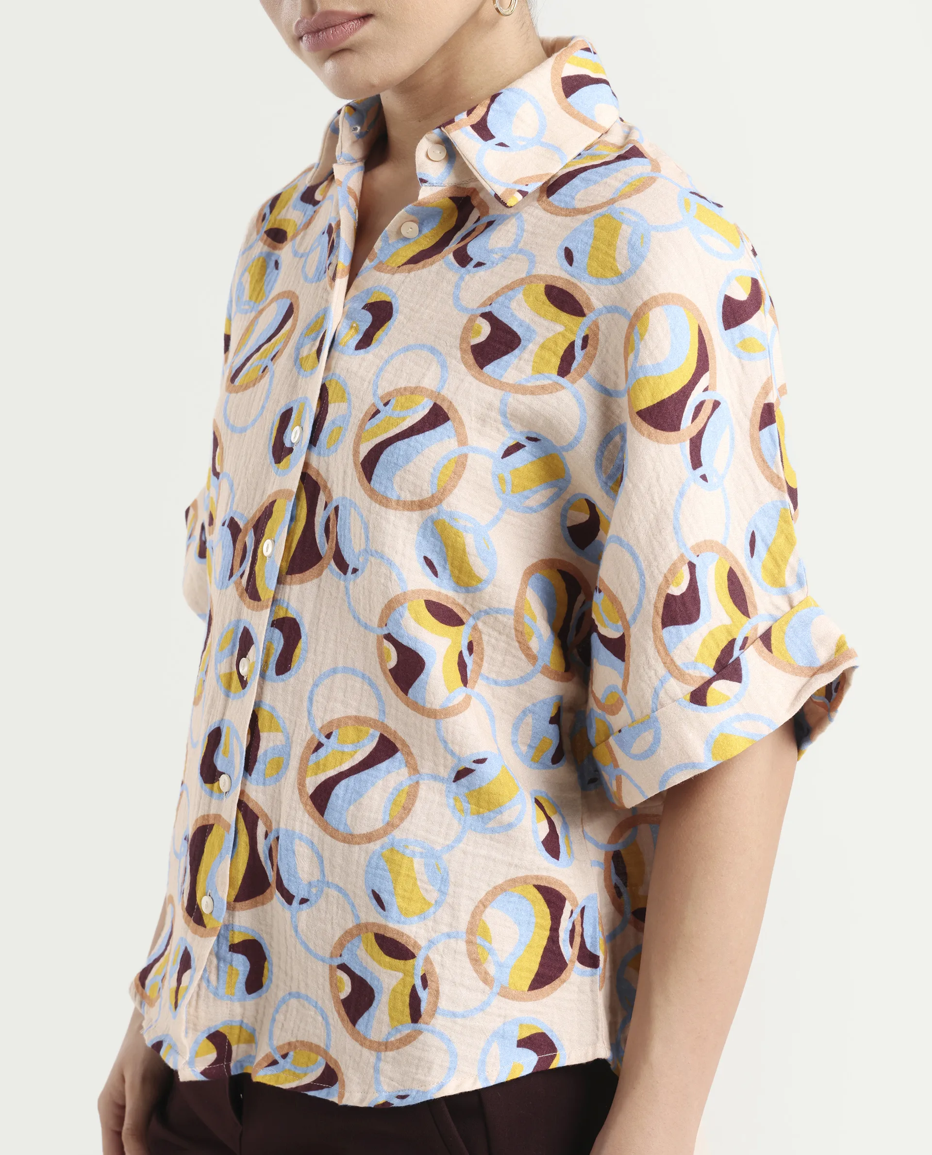 Rareism Women's Abuto-T Light Multi Cotton Drop Collar Abstract Print Extended Sleeves Regular Fit Shirt - Image 4