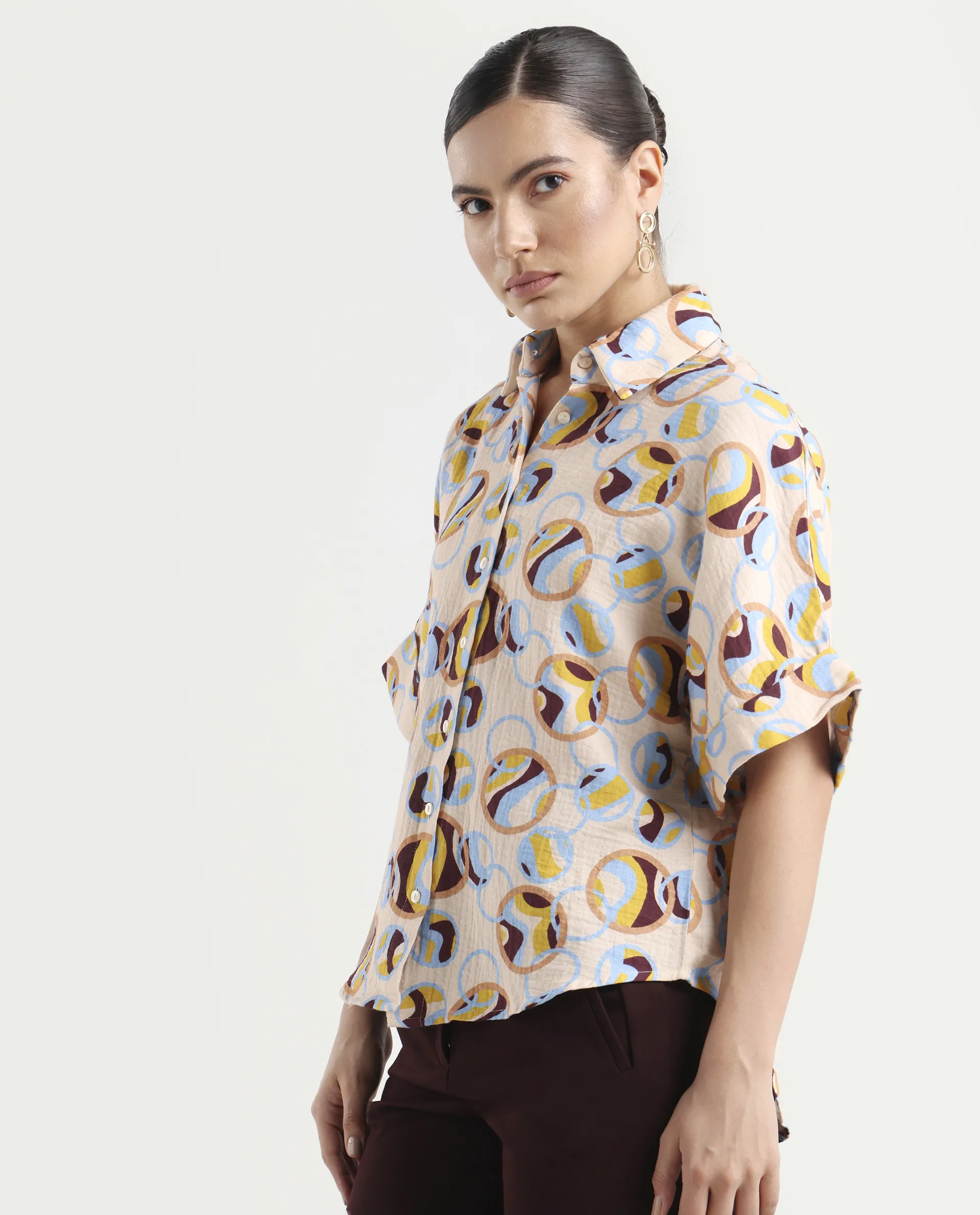 Rareism Women's Abuto-T Light Multi Cotton Drop Collar Abstract Print Extended Sleeves Regular Fit Shirt - Image 5