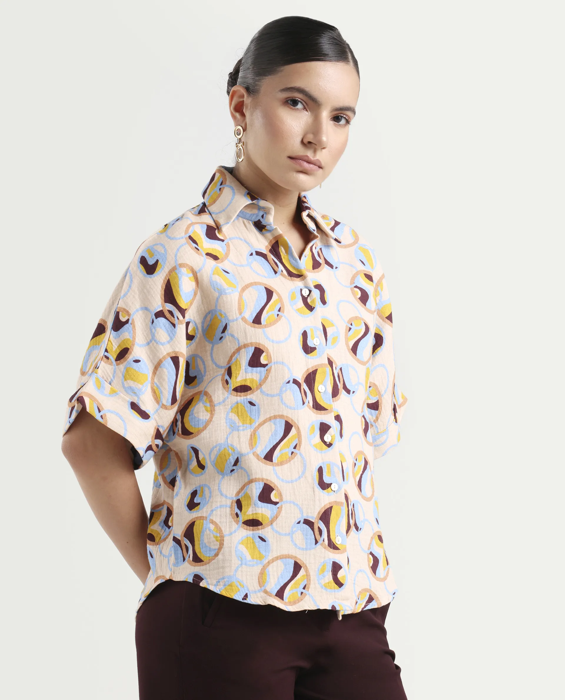 Rareism Women's Abuto-T Light Multi Cotton Drop Collar Abstract Print Extended Sleeves Regular Fit Shirt - Image 6