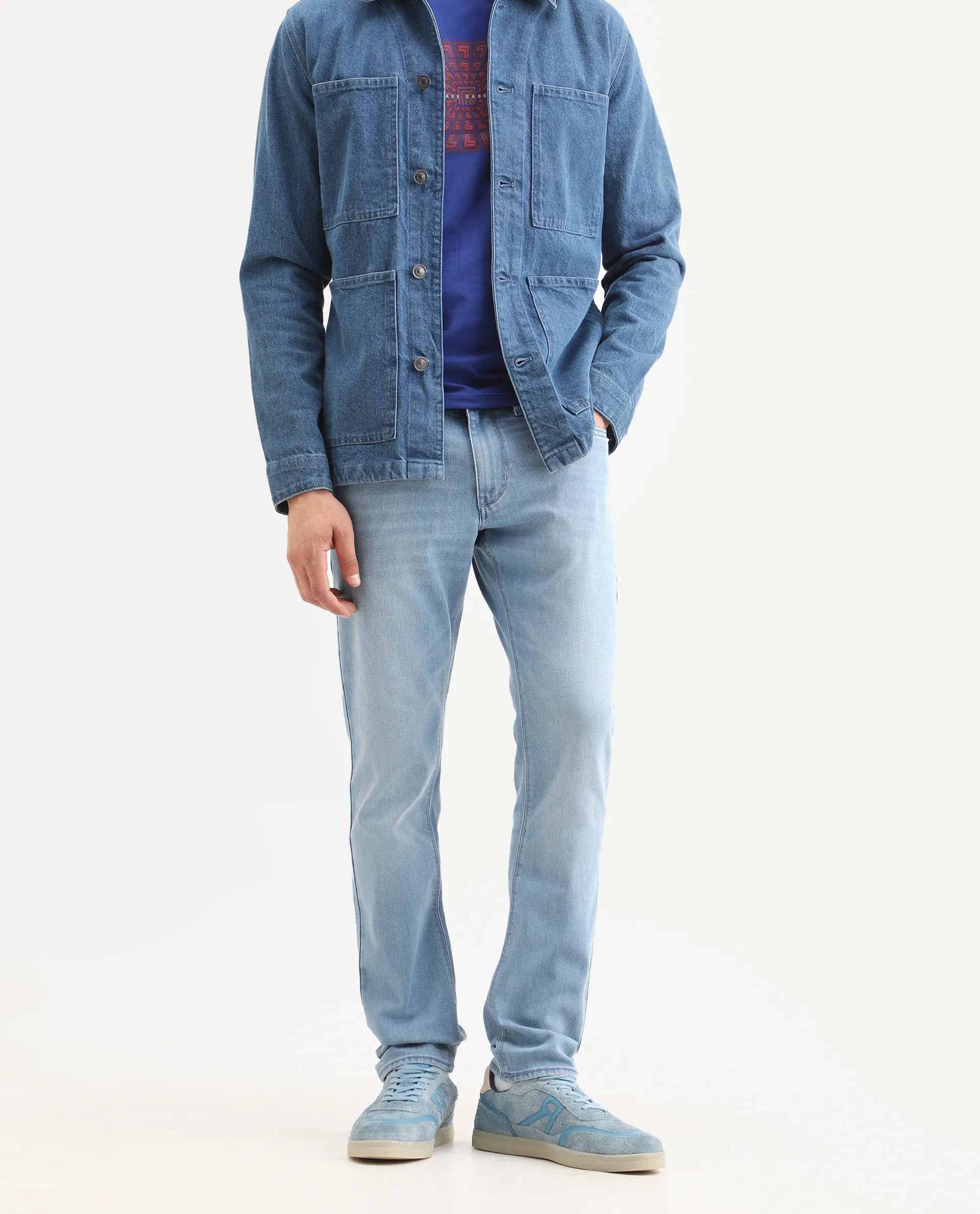 Rare Rabbit Men's Aby Light Blue Cotton Blend Fabric Hawk Slim Fit Plain Jeans - Image 3