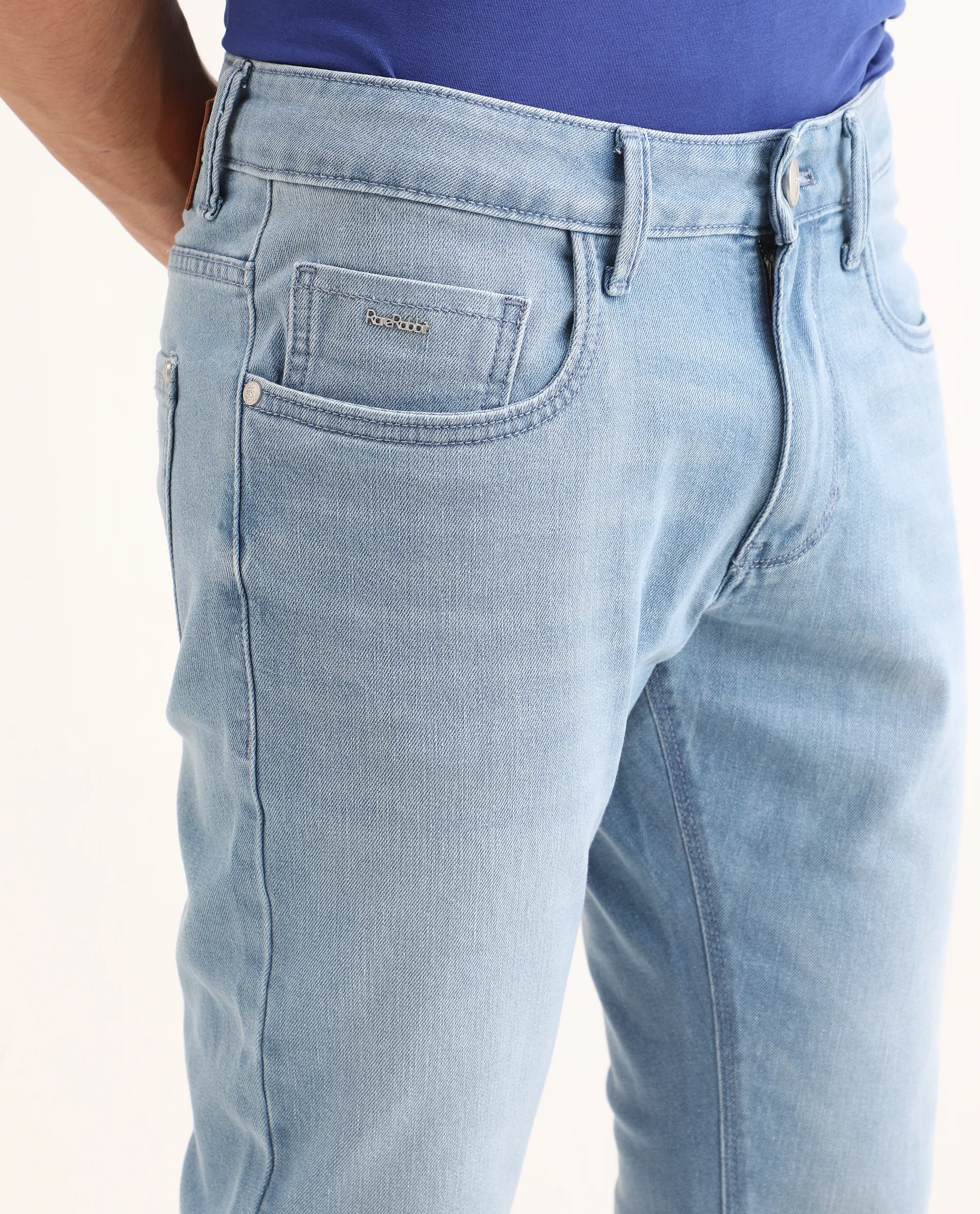 Rare Rabbit Men's Aby Light Blue Cotton Blend Fabric Hawk Slim Fit Plain Jeans - Image 4