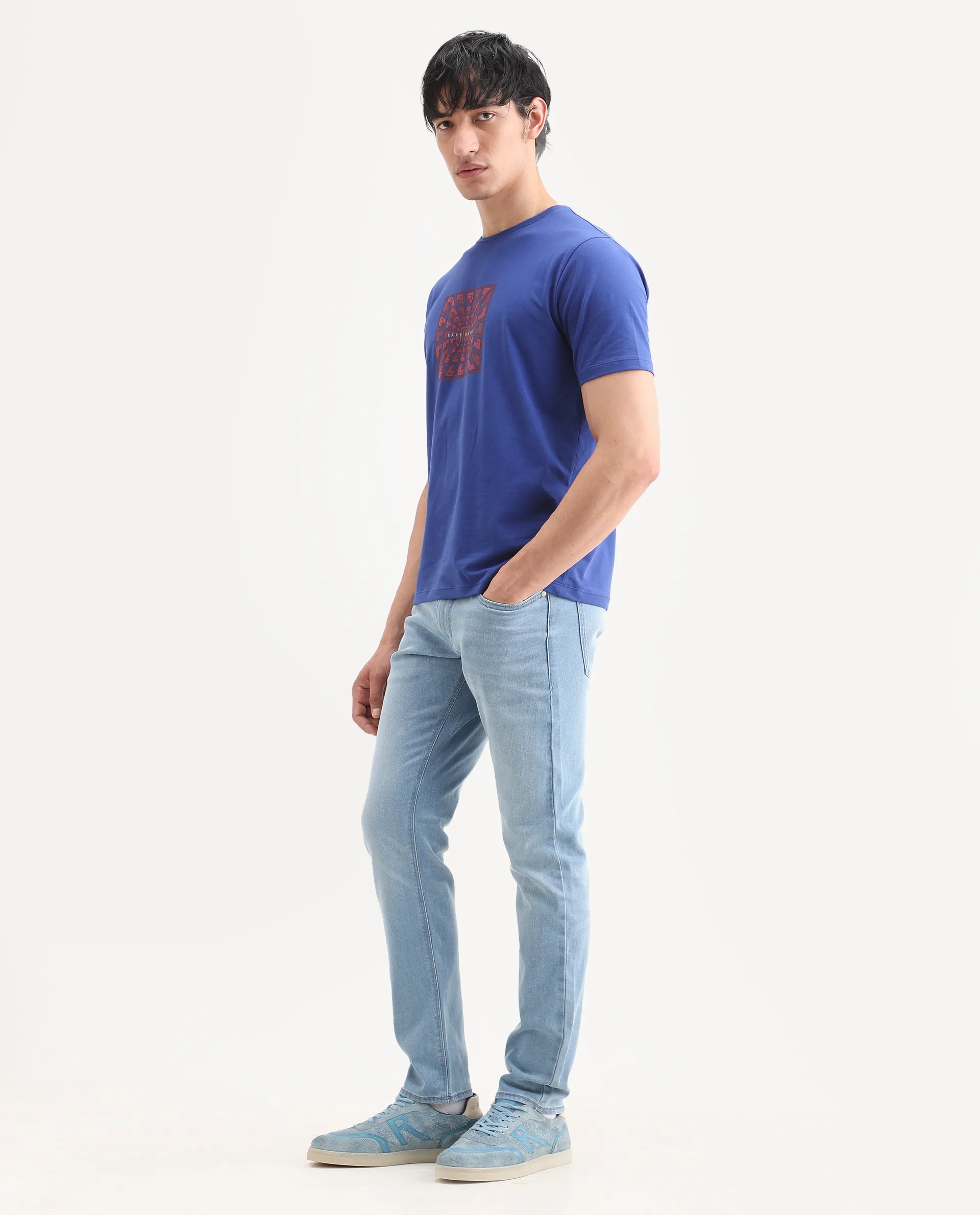 Rare Rabbit Men's Aby Light Blue Cotton Blend Fabric Hawk Slim Fit Plain Jeans - Image 7