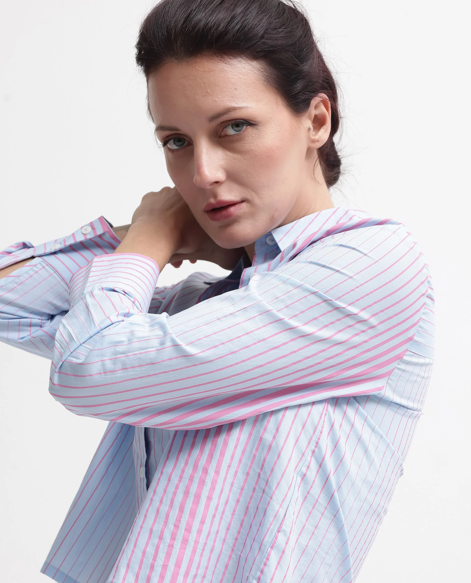 Rareism Women's Abylay Light Purple Drop Collar Striped Cuffed Sleeve Regular Fit Top - Image 2