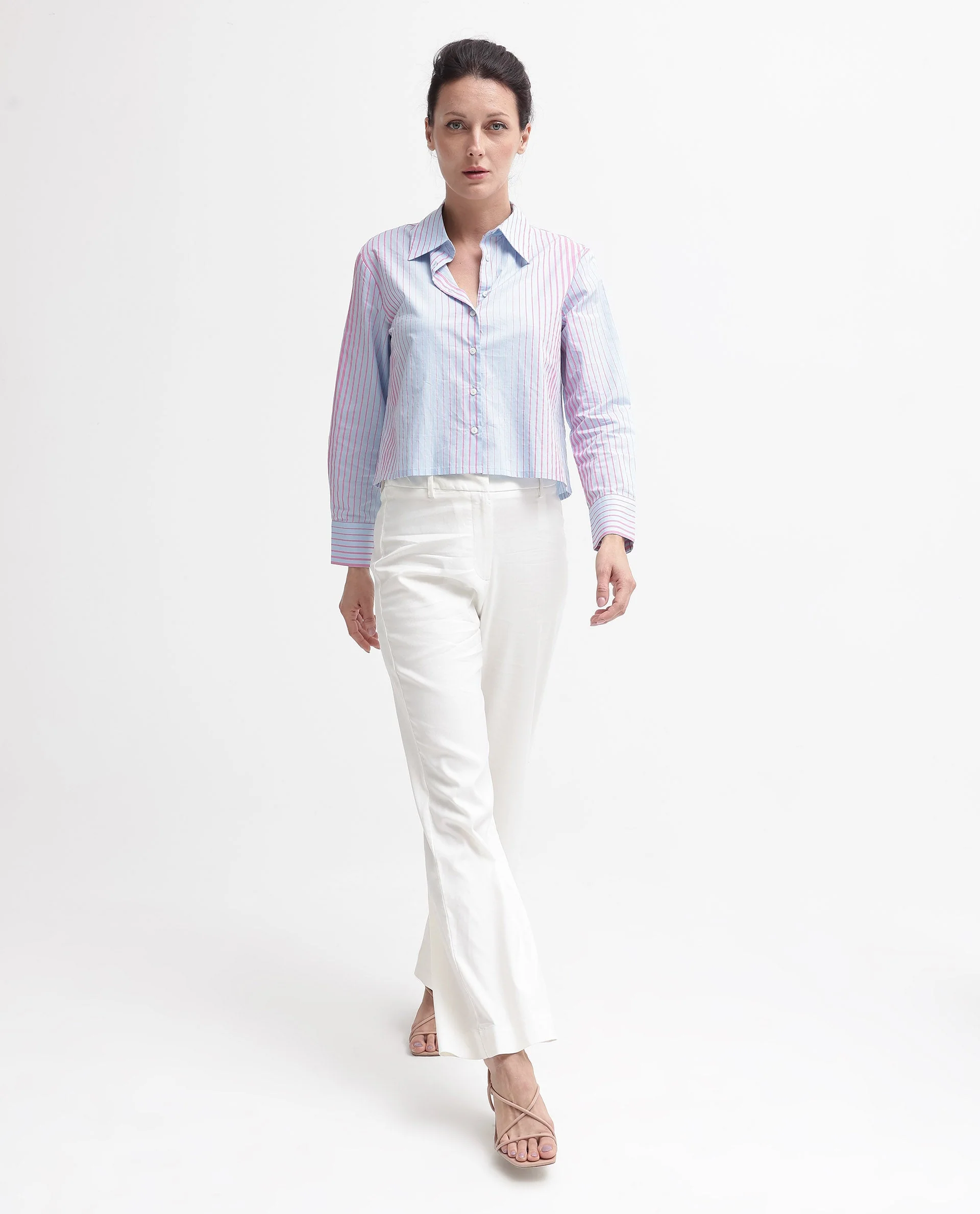Rareism Women's Abylay Light Purple Drop Collar Striped Cuffed Sleeve Regular Fit Top - Image 3