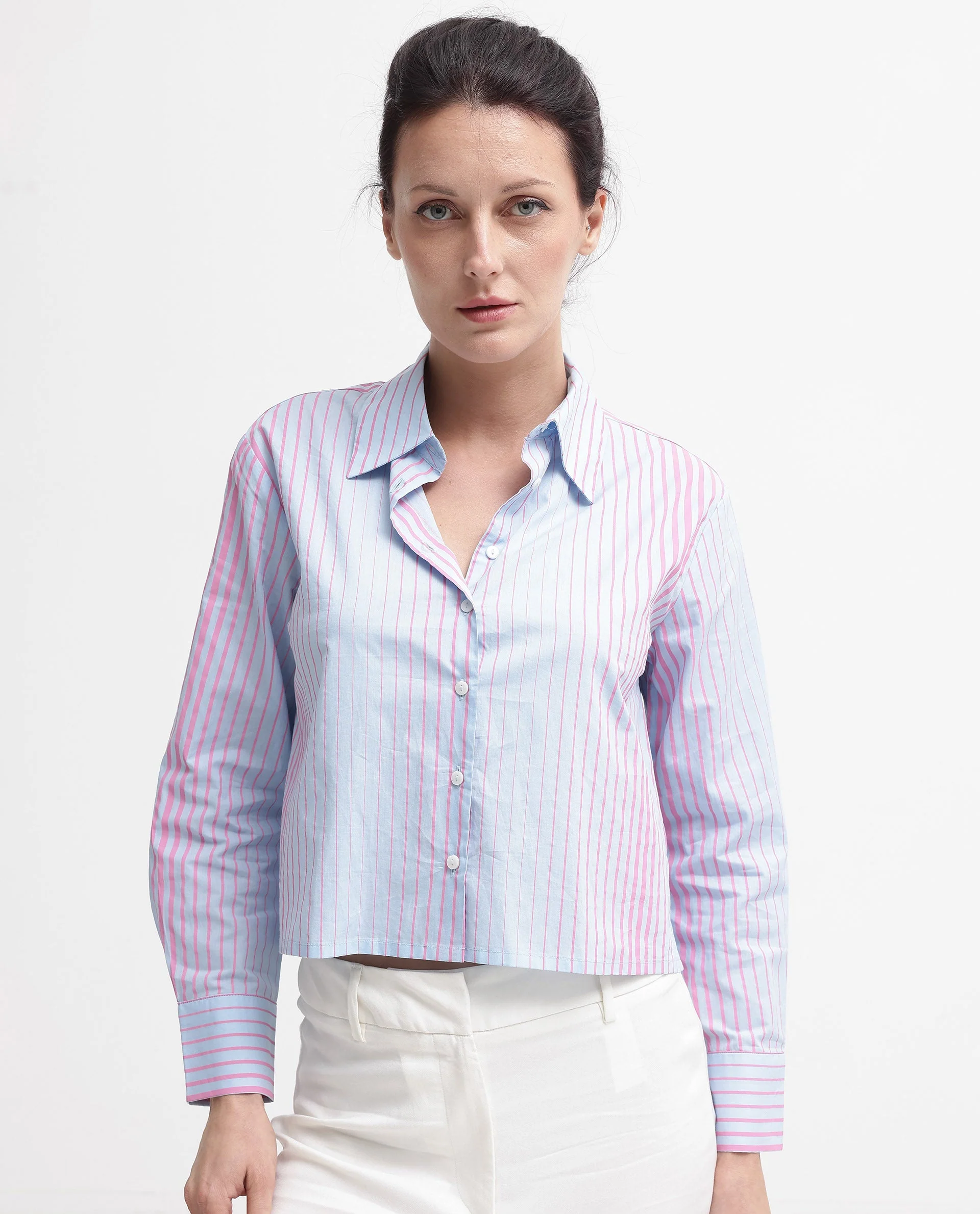 Rareism Women's Abylay Light Purple Drop Collar Striped Cuffed Sleeve Regular Fit Top - Image 4