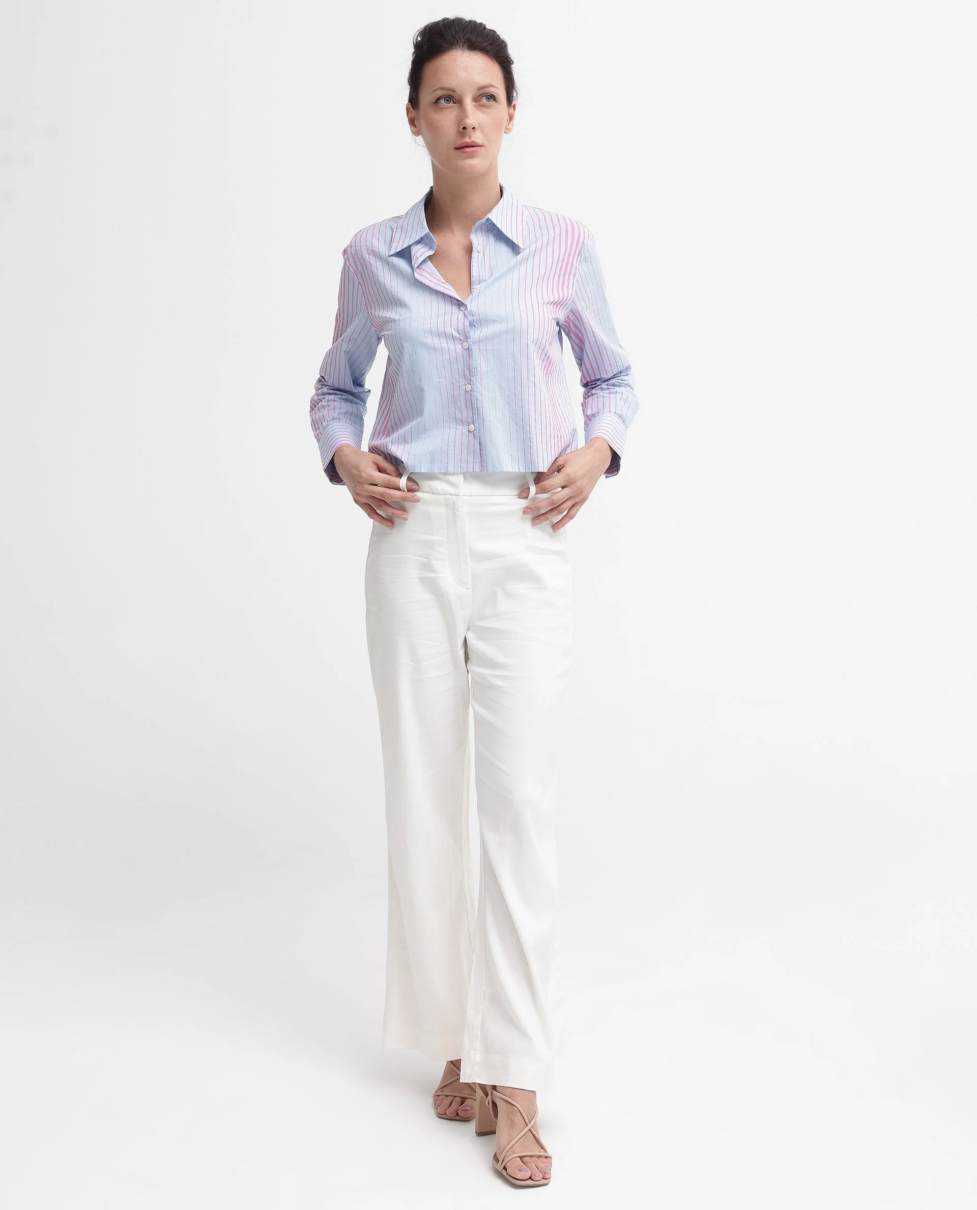 Rareism Women's Abylay Light Purple Drop Collar Striped Cuffed Sleeve Regular Fit Top - Image 5