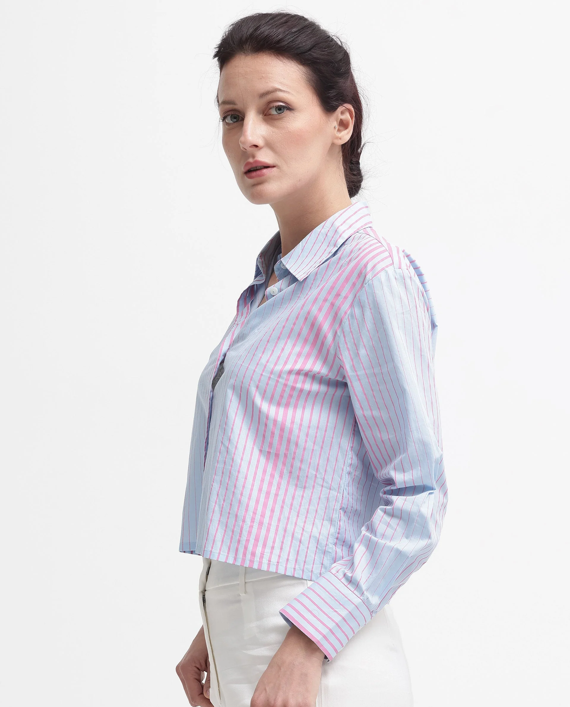 Rareism Women's Abylay Light Purple Drop Collar Striped Cuffed Sleeve Regular Fit Top - Image 7