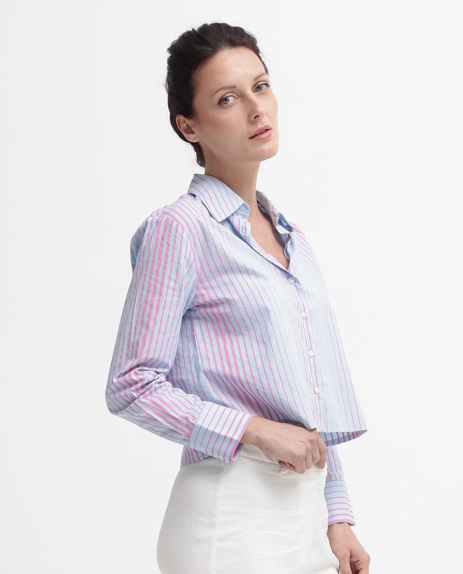 Rareism Women's Abylay Light Purple Drop Collar Striped Cuffed Sleeve Regular Fit Top - Image 8