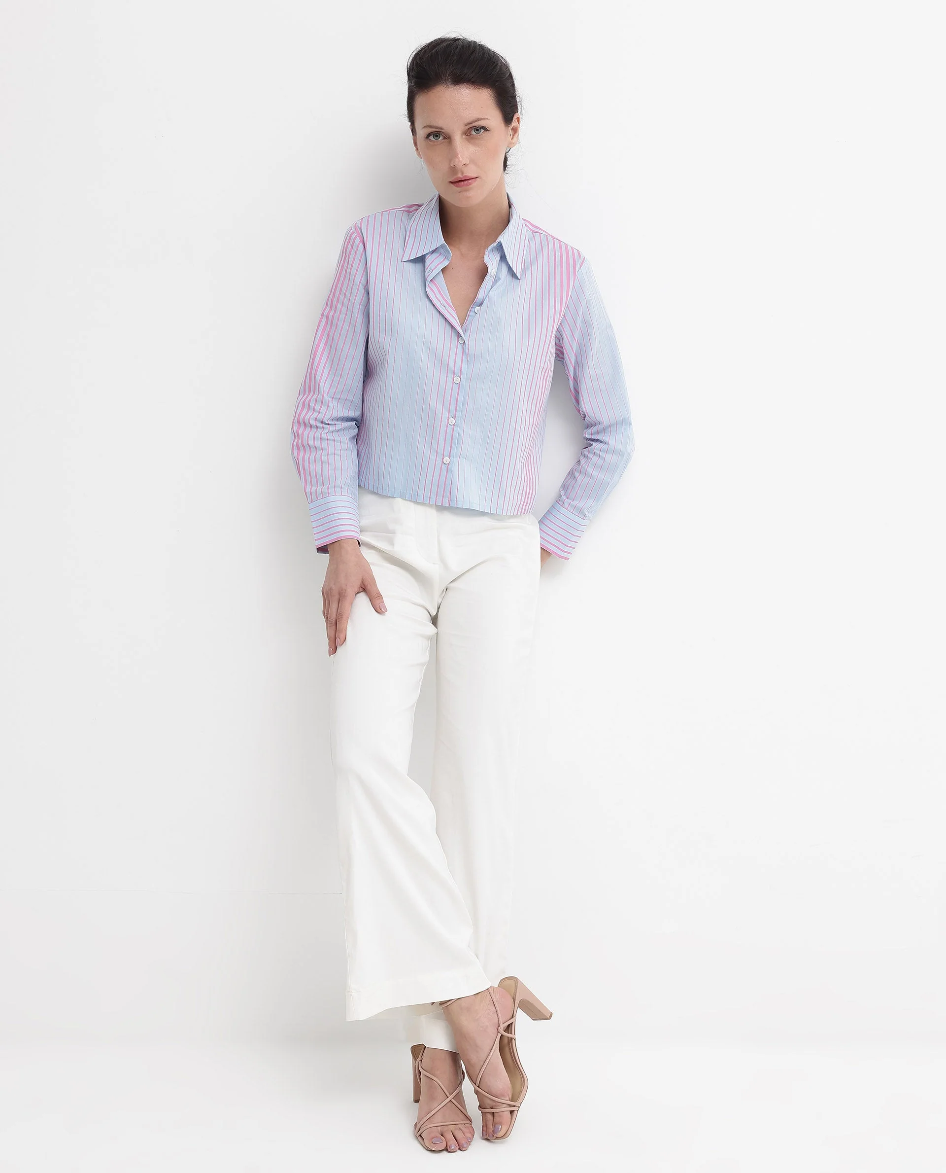 Rareism Women's Abylay Light Purple Drop Collar Striped Cuffed Sleeve Regular Fit Top - Image 9