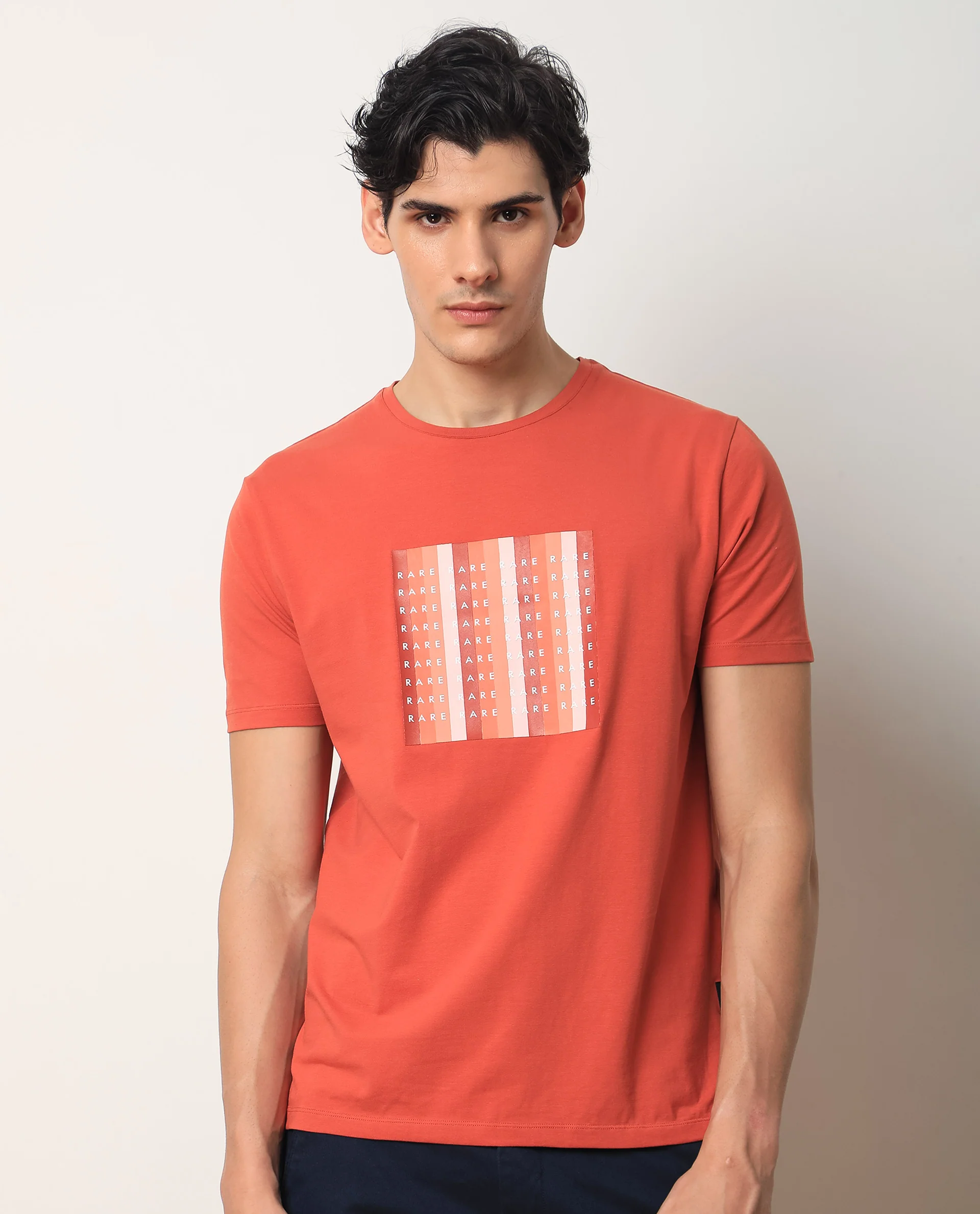 Rare Rabbit Men's Acia Rust Cotton Graphic Print Slim Fit Half Sleeve Crew Neck T-Shirt