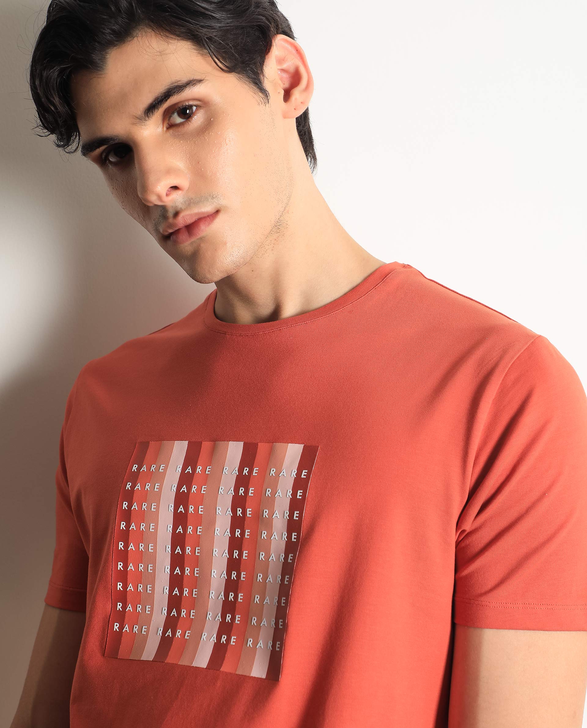 Rare Rabbit Men's Acia Rust Cotton Graphic Print Slim Fit Half Sleeve Crew Neck T-Shirt - Image 3