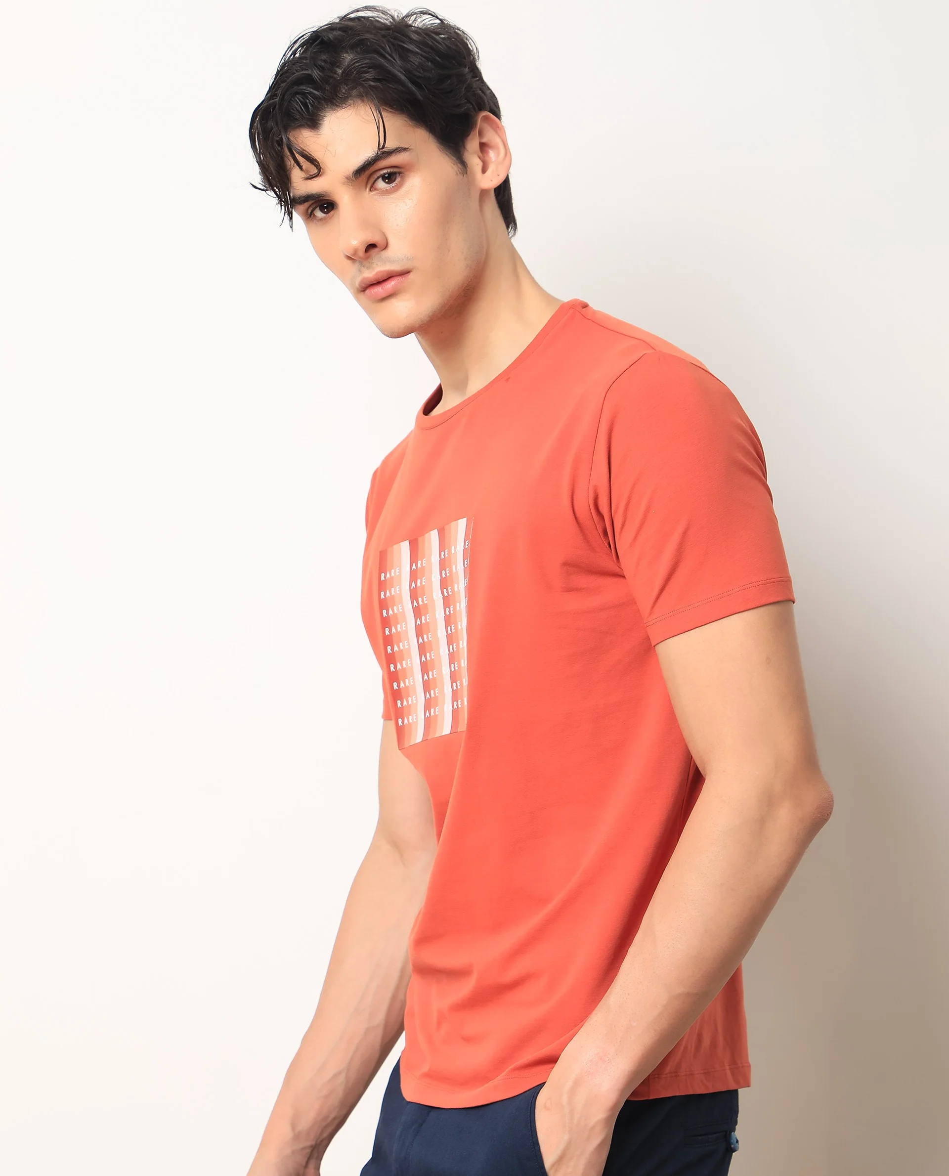 Rare Rabbit Men's Acia Rust Cotton Graphic Print Slim Fit Half Sleeve Crew Neck T-Shirt - Image 4