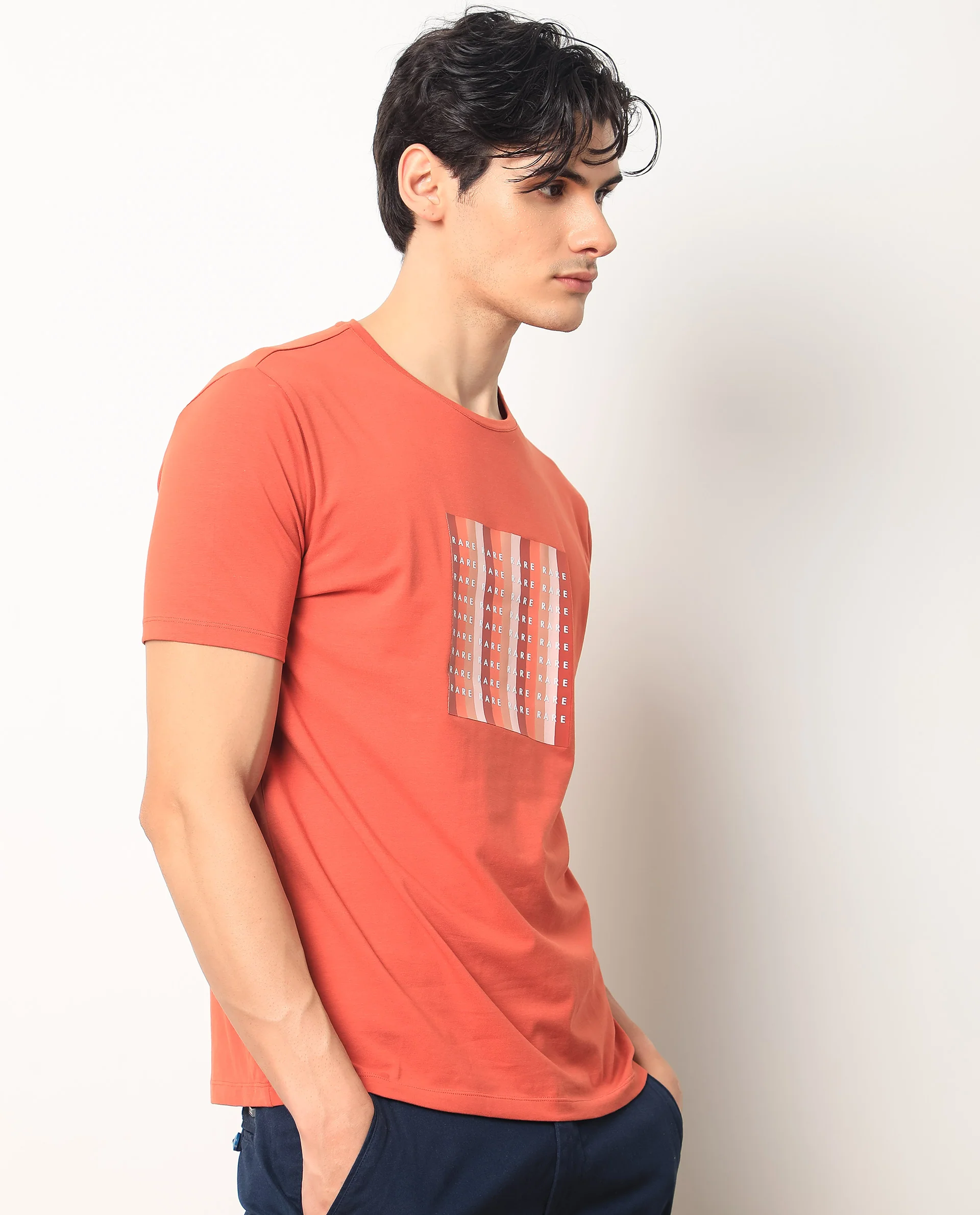 Rare Rabbit Men's Acia Rust Cotton Graphic Print Slim Fit Half Sleeve Crew Neck T-Shirt - Image 5