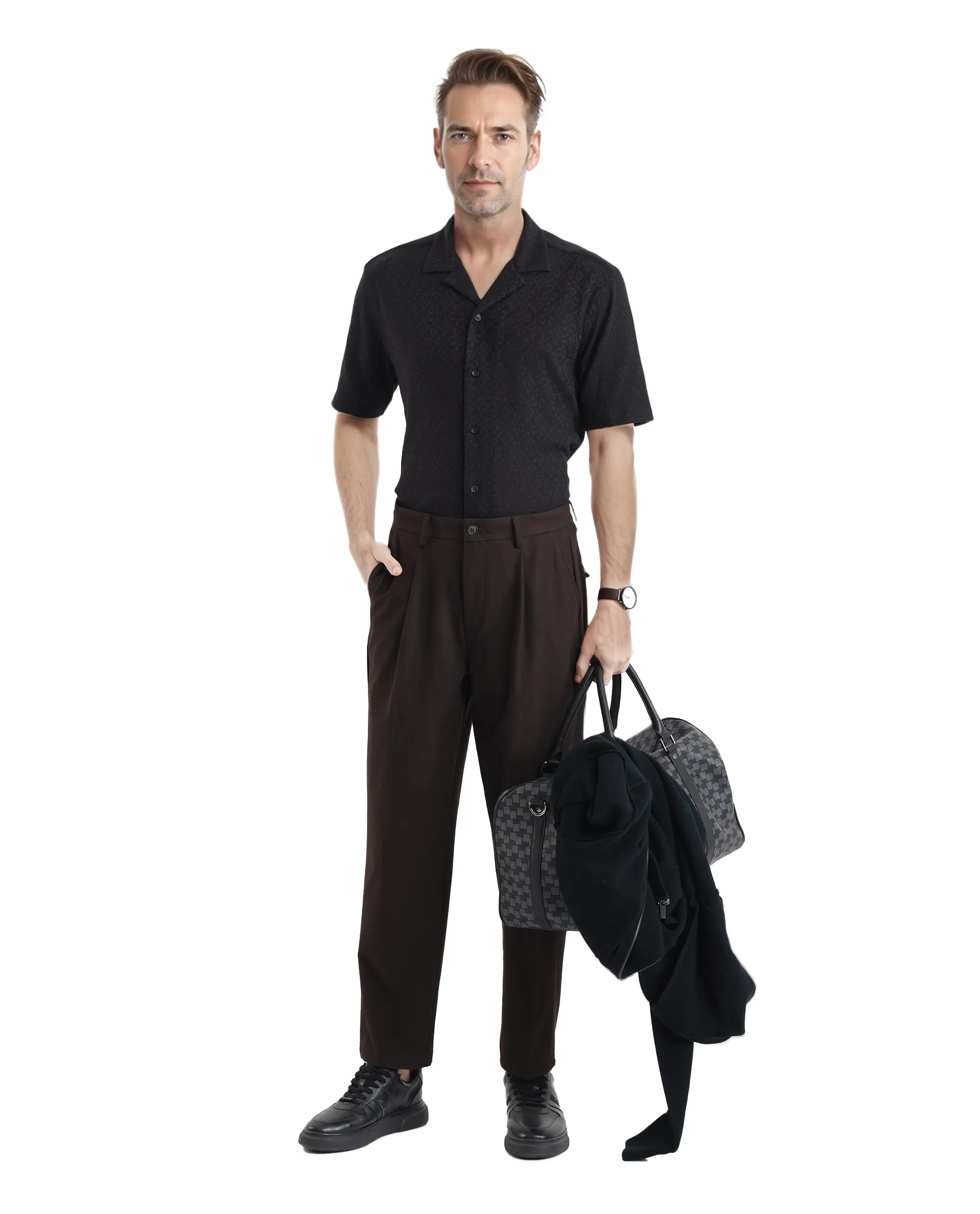 Rare Rabbit Men's Accra Black Cotton Blend Jacquard Boxy Fit Half Sleeve Cuban Collar Shirt - Image 2