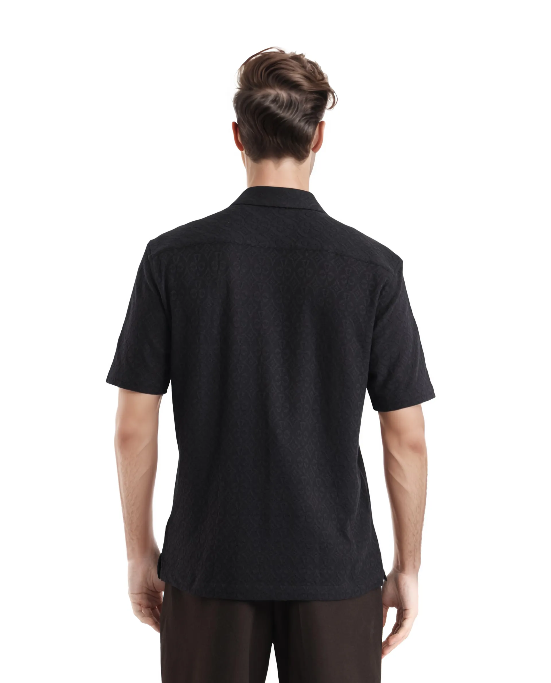 Rare Rabbit Men's Accra Black Cotton Blend Jacquard Boxy Fit Half Sleeve Cuban Collar Shirt - Image 3