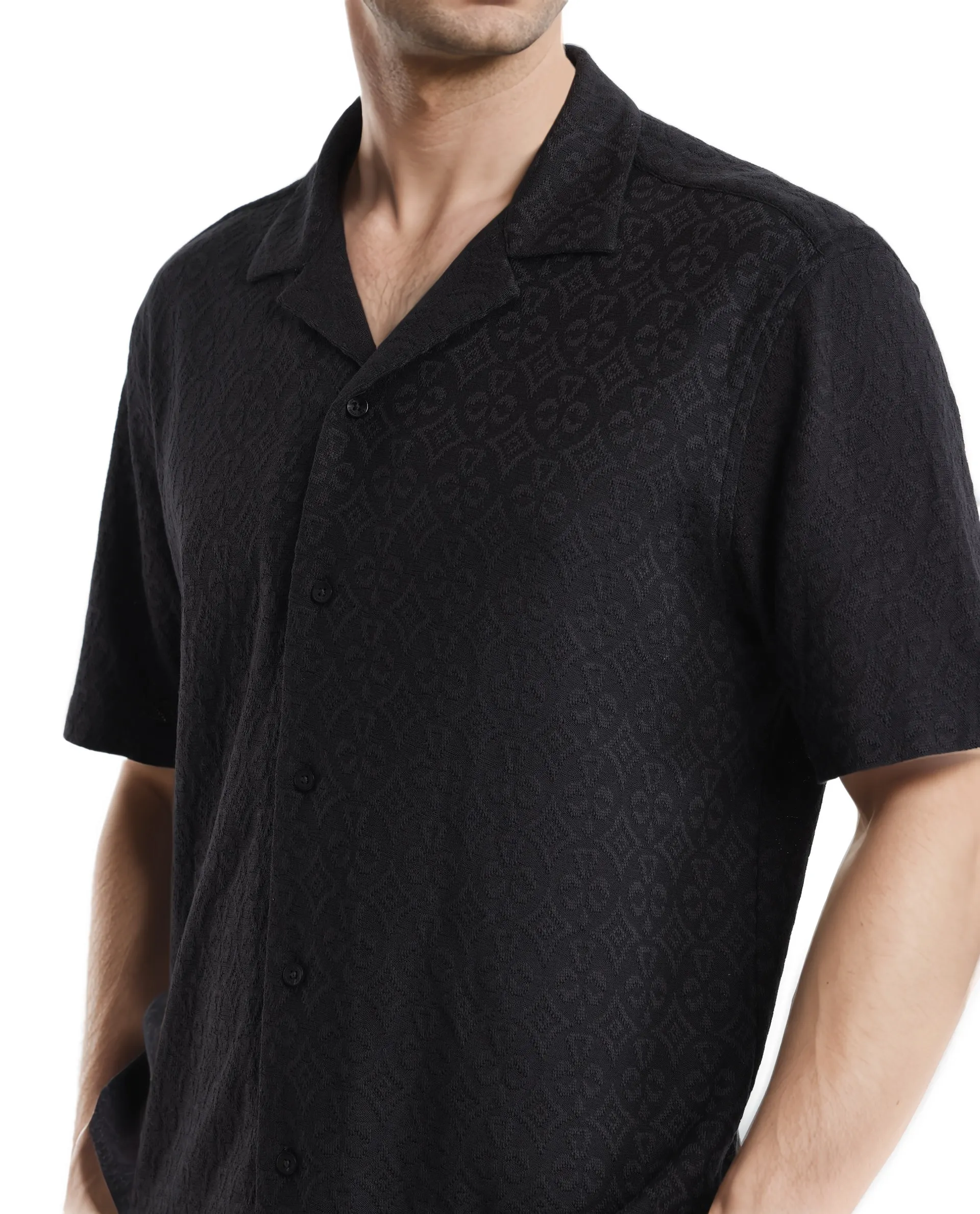 Rare Rabbit Men's Accra Black Cotton Blend Jacquard Boxy Fit Half Sleeve Cuban Collar Shirt - Image 4