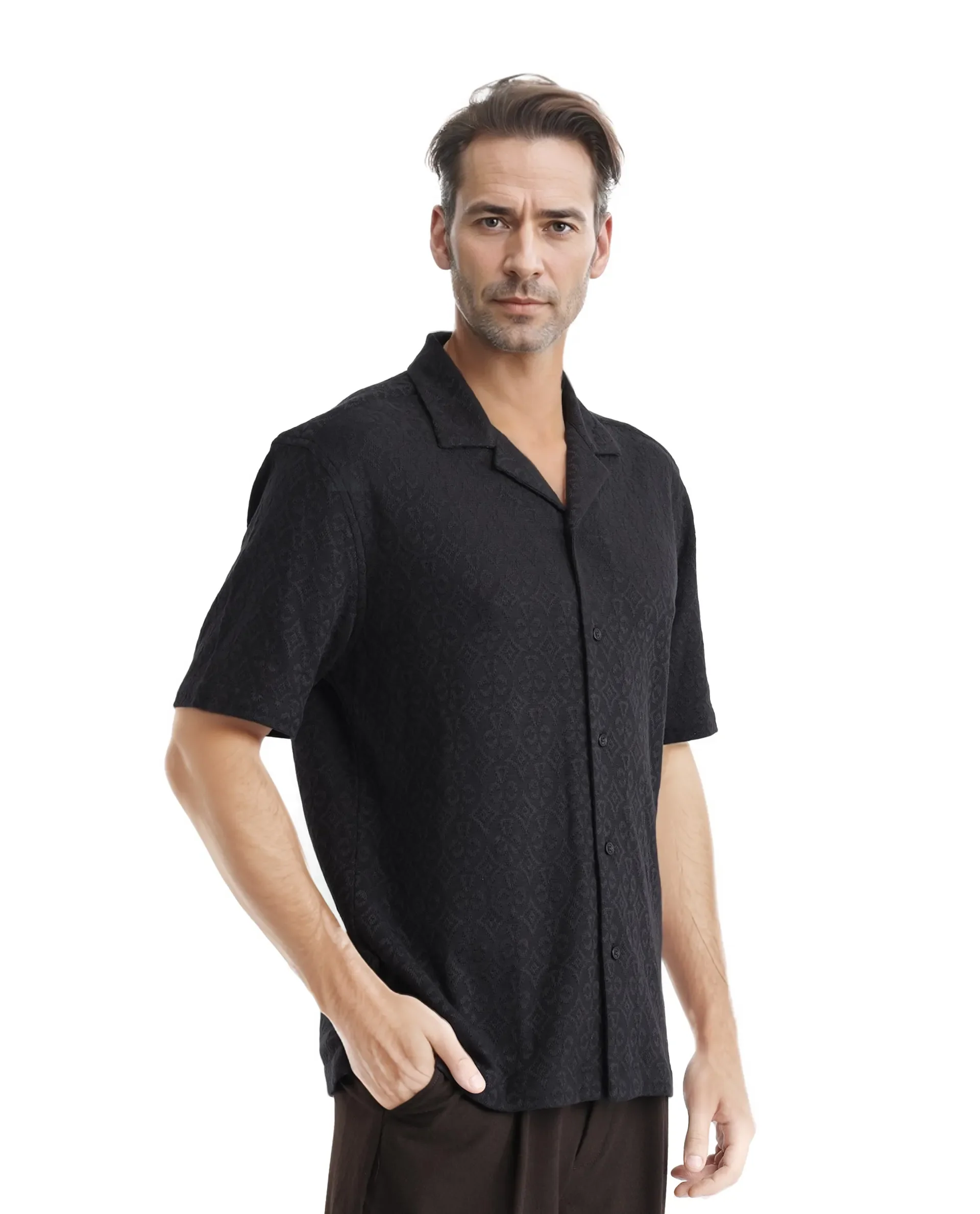 Rare Rabbit Men's Accra Black Cotton Blend Jacquard Boxy Fit Half Sleeve Cuban Collar Shirt - Image 5