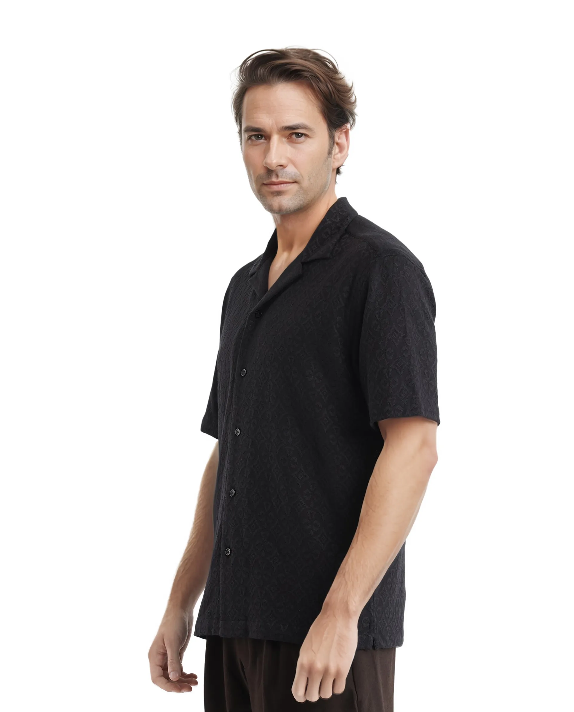 Rare Rabbit Men's Accra Black Cotton Blend Jacquard Boxy Fit Half Sleeve Cuban Collar Shirt - Image 6