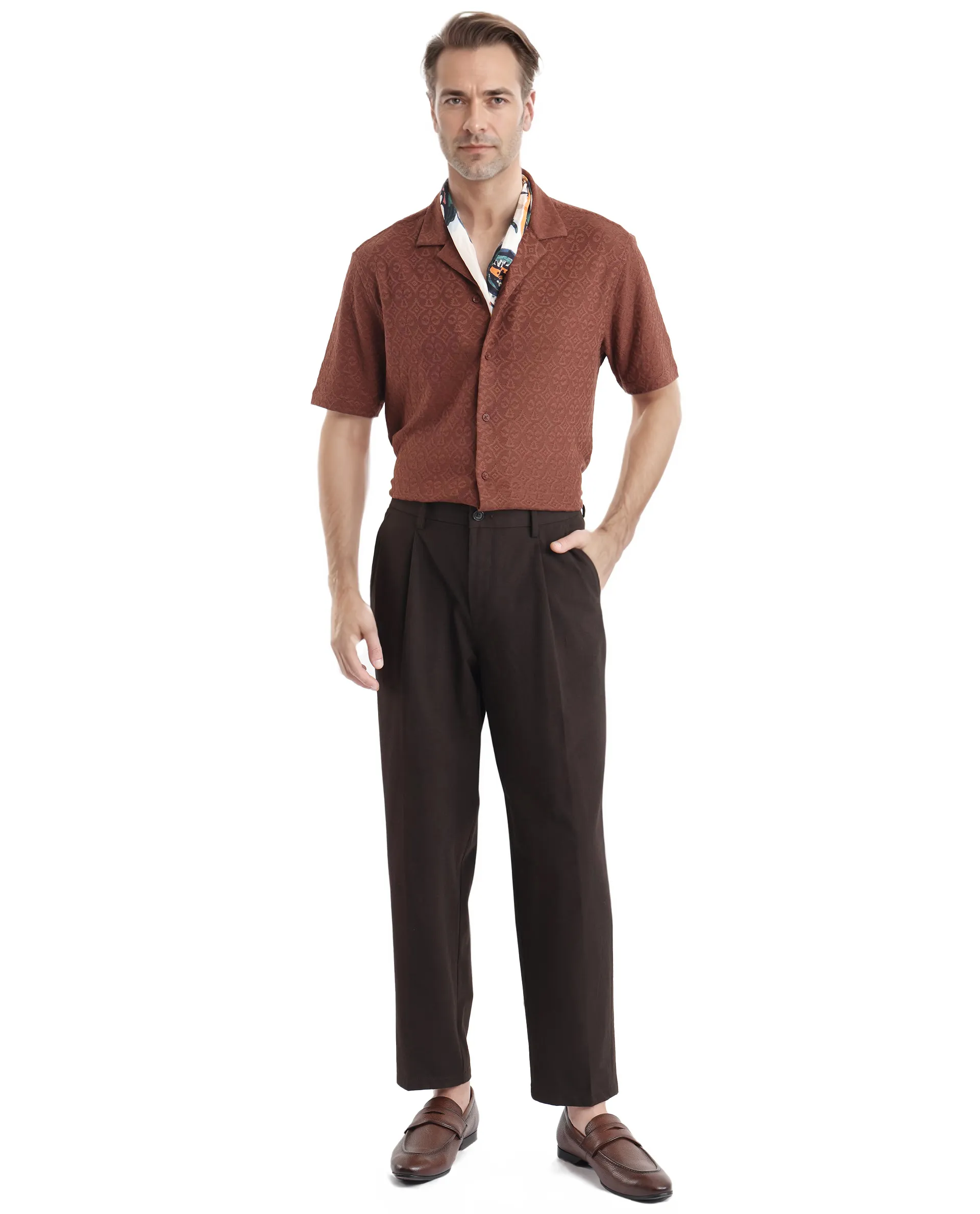 Rare Rabbit Men's Accra Dark Brown Cotton Blend Jacquard Boxy Fit Half Sleeve Cuban Collar Shirt - Image 2