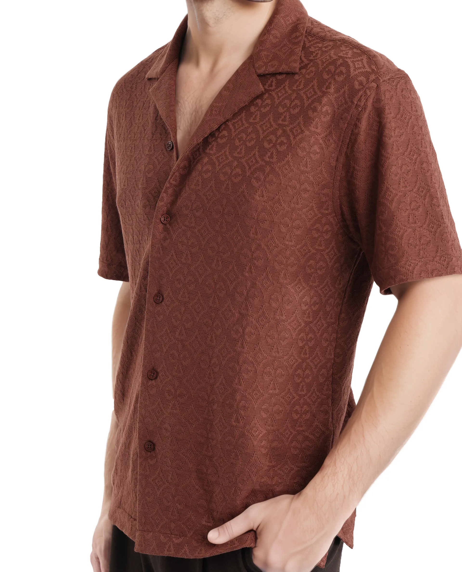 Rare Rabbit Men's Accra Dark Brown Cotton Blend Jacquard Boxy Fit Half Sleeve Cuban Collar Shirt - Image 3
