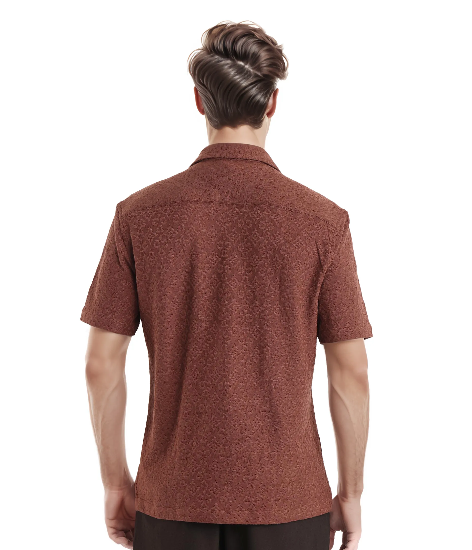 Rare Rabbit Men's Accra Dark Brown Cotton Blend Jacquard Boxy Fit Half Sleeve Cuban Collar Shirt - Image 4