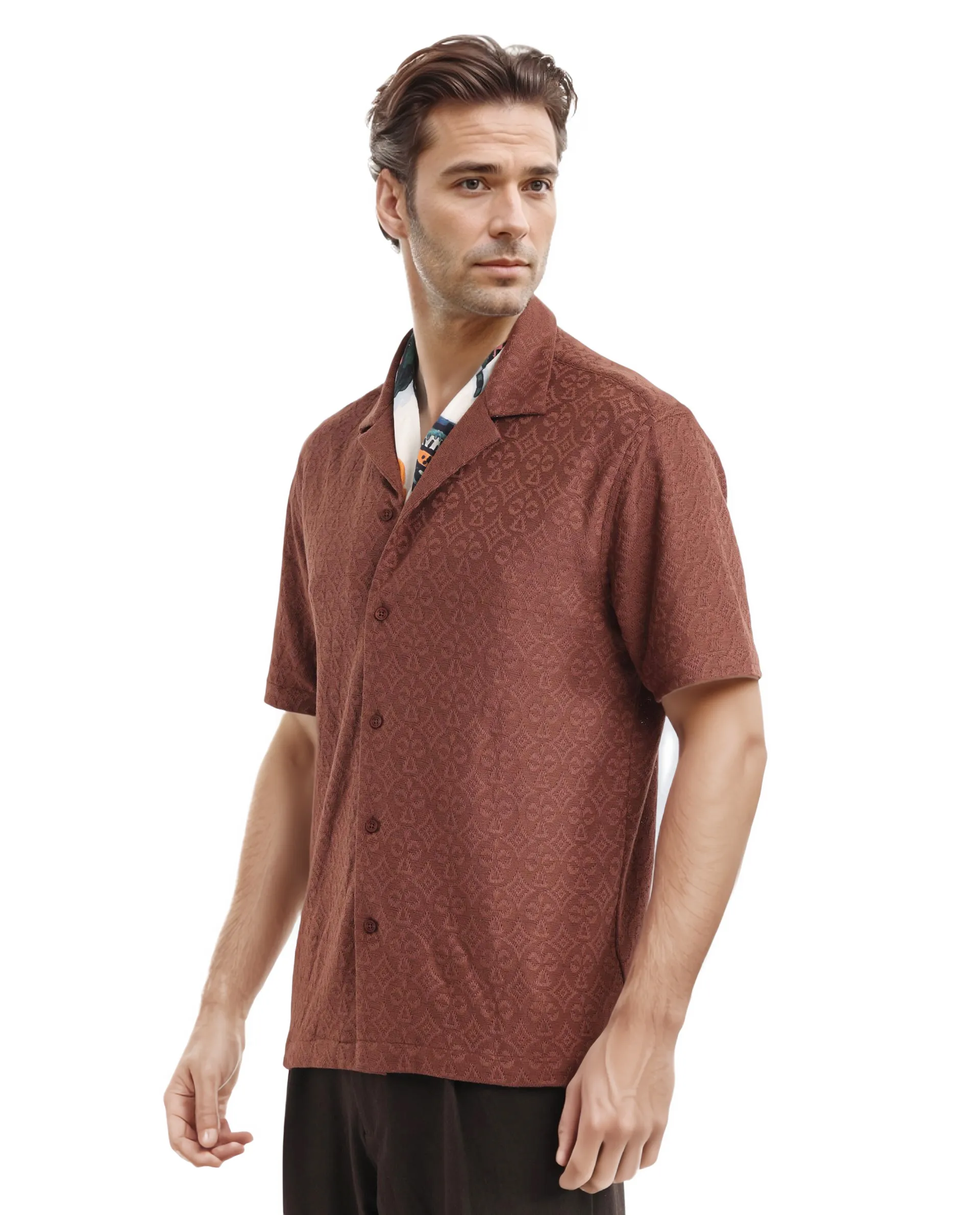 Rare Rabbit Men's Accra Dark Brown Cotton Blend Jacquard Boxy Fit Half Sleeve Cuban Collar Shirt - Image 5