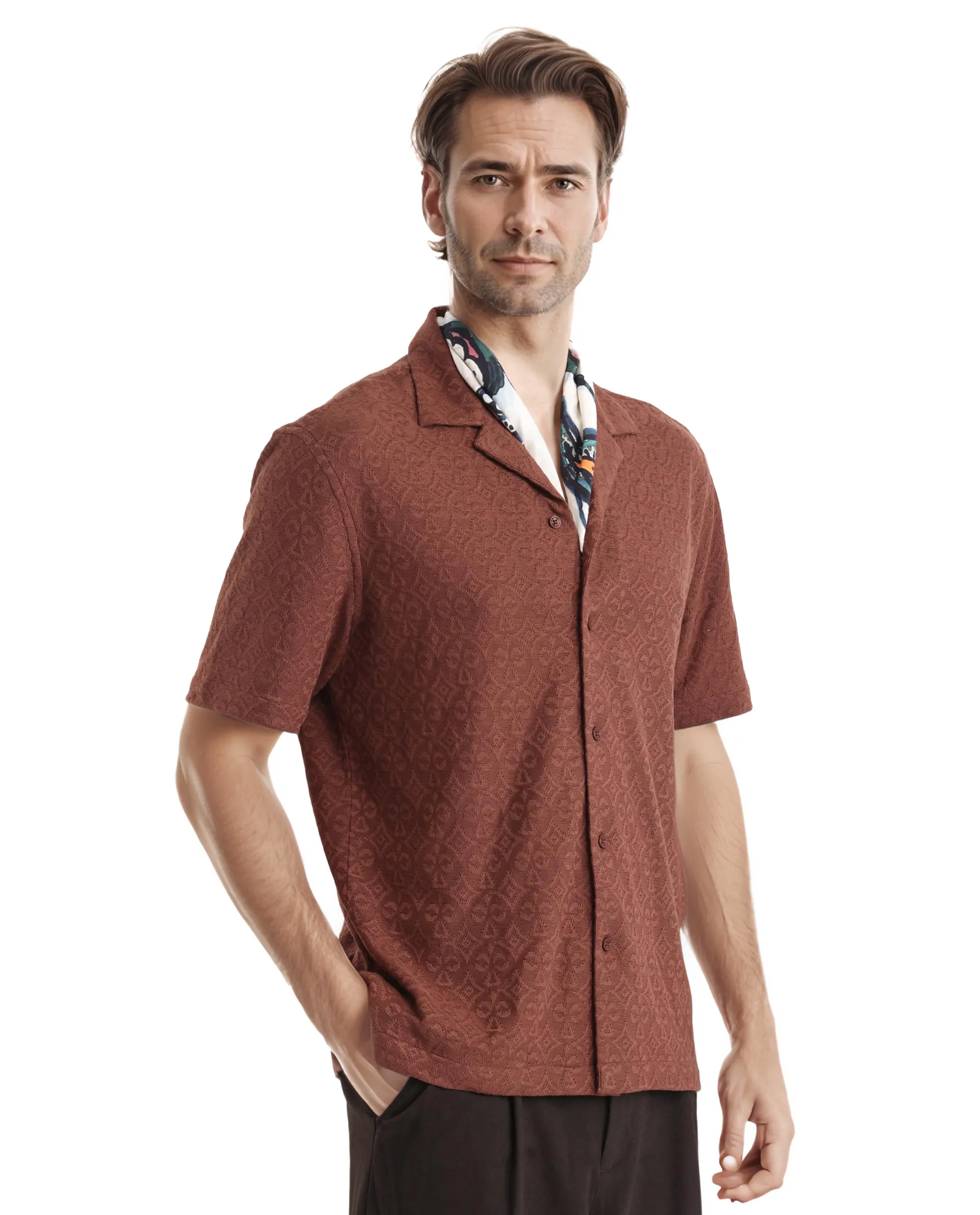 Rare Rabbit Men's Accra Dark Brown Cotton Blend Jacquard Boxy Fit Half Sleeve Cuban Collar Shirt - Image 6