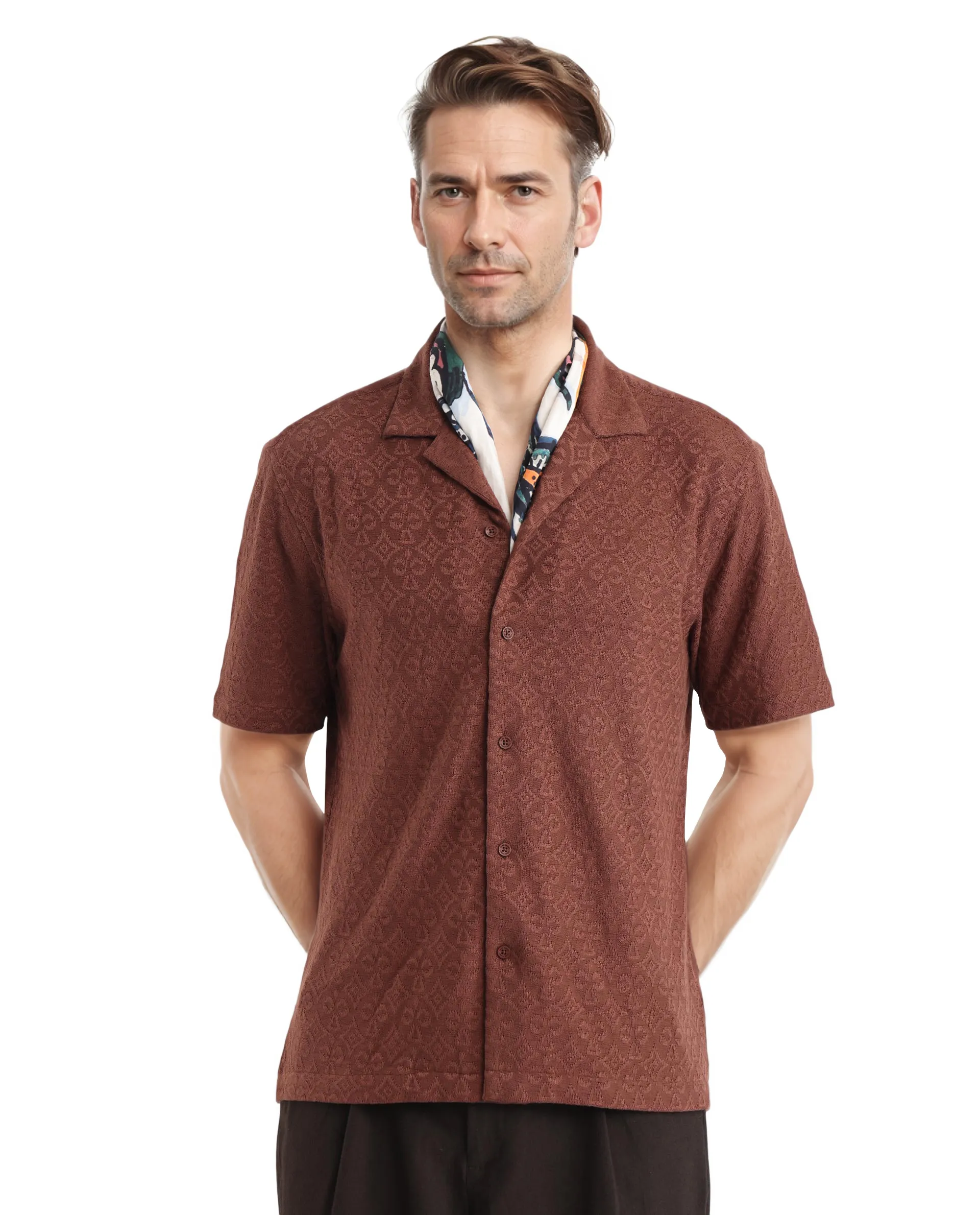 Rare Rabbit Men's Accra Dark Brown Cotton Blend Jacquard Boxy Fit Half Sleeve Cuban Collar Shirt - Image 7