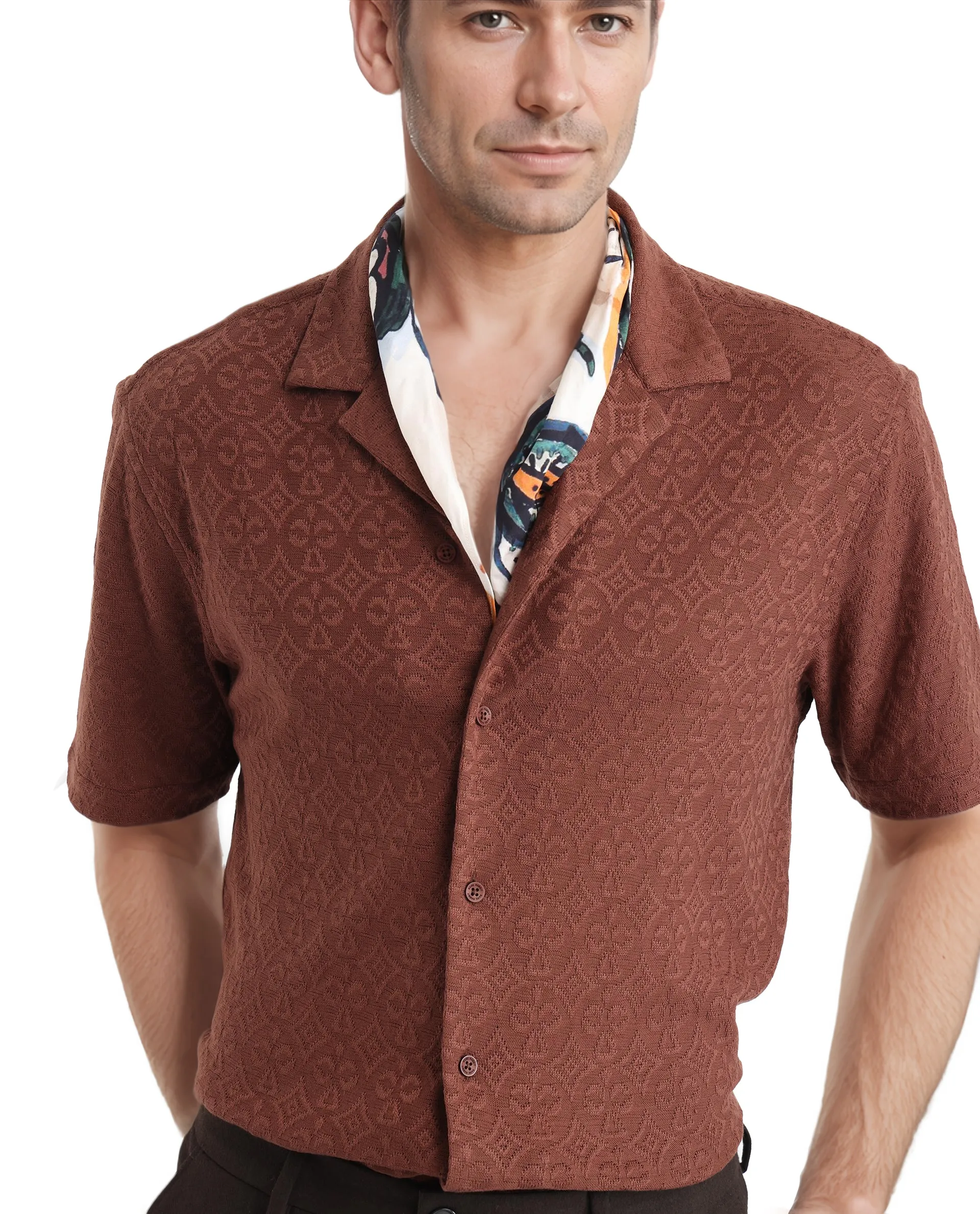 Rare Rabbit Men's Accra Dark Brown Cotton Blend Jacquard Boxy Fit Half Sleeve Cuban Collar Shirt - Image 8