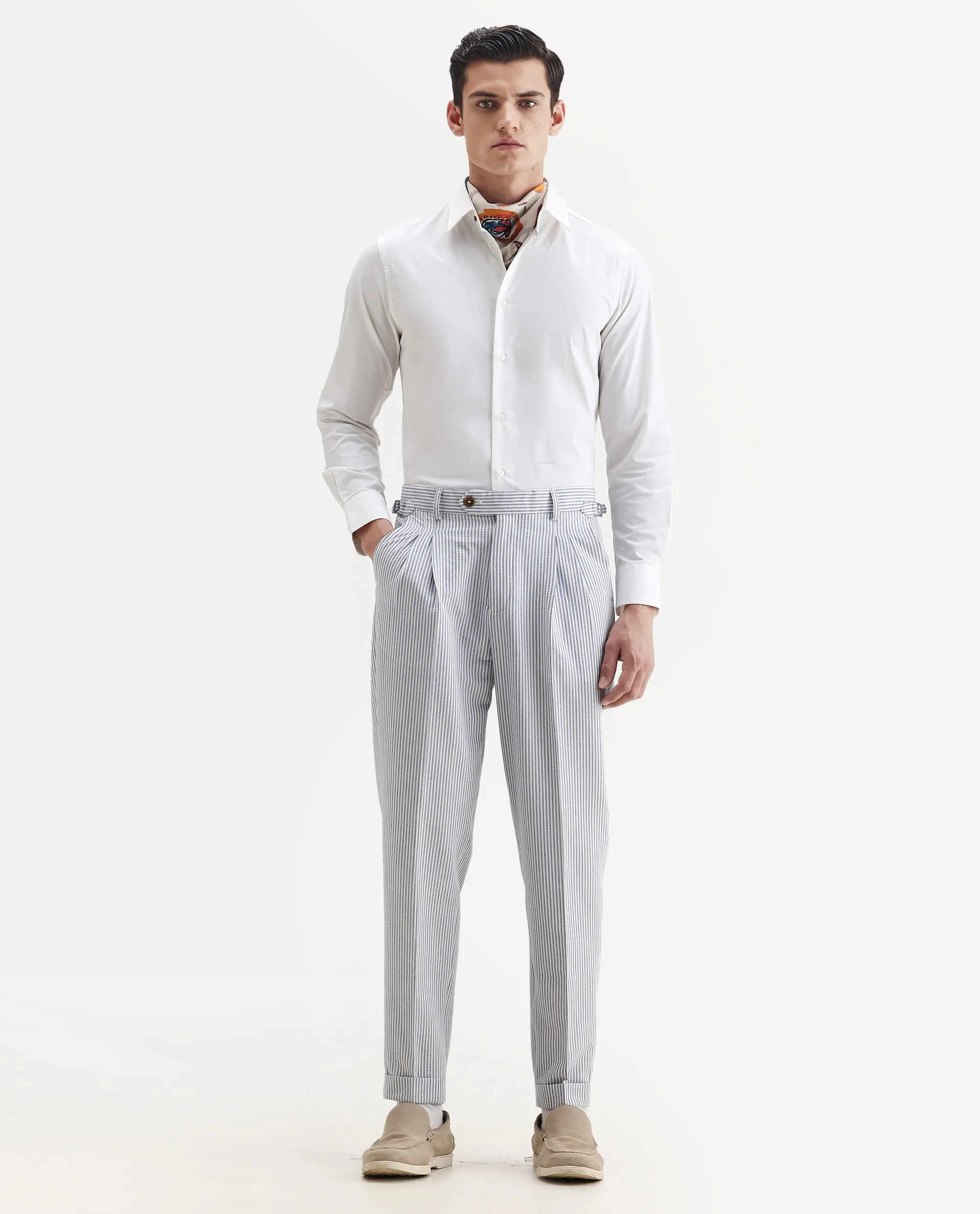 Rare Rabbit Men's Ace Light Blue Polyester Blend Striped Print Relaxed Fit Trouser