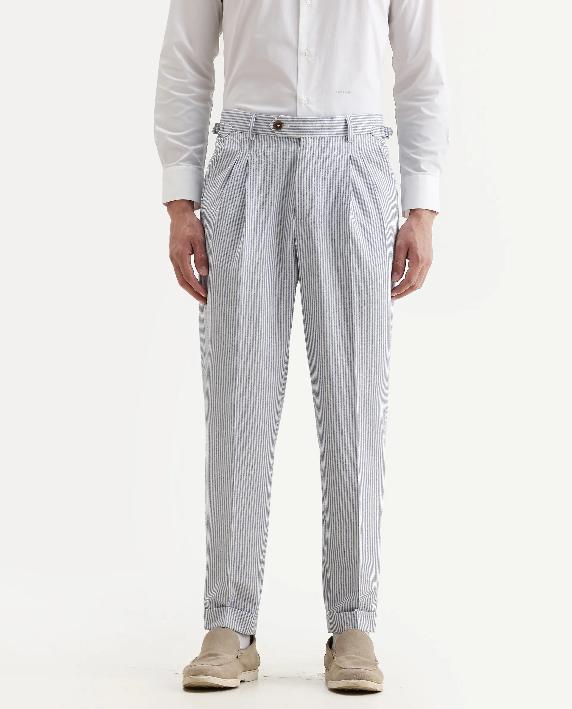Rare Rabbit Men's Ace Light Blue Polyester Blend Striped Print Relaxed Fit Trouser - Image 2