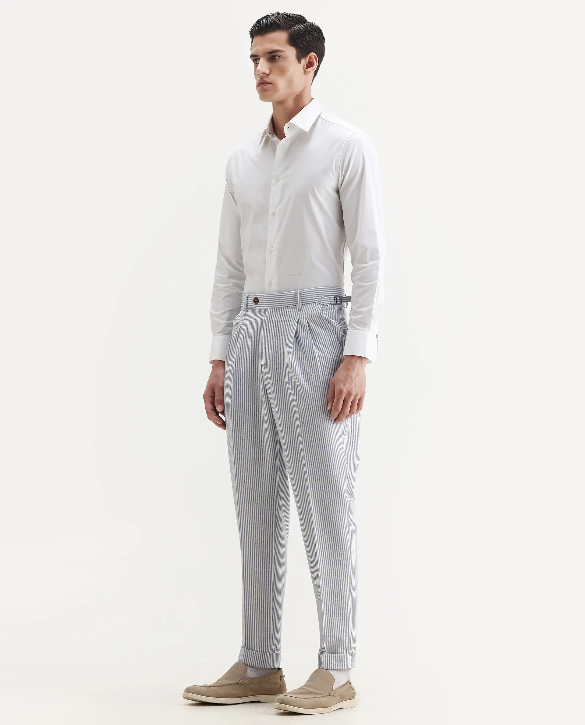 Rare Rabbit Men's Ace Light Blue Polyester Blend Striped Print Relaxed Fit Trouser - Image 4