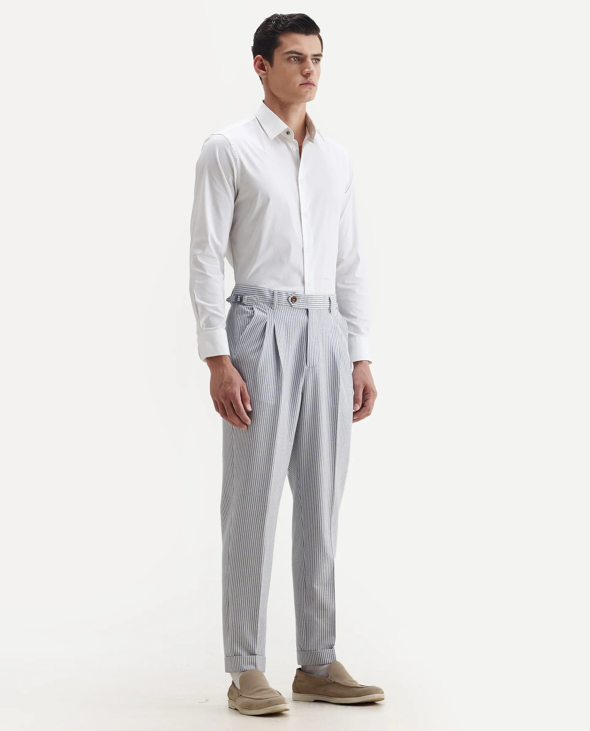 Rare Rabbit Men's Ace Light Blue Polyester Blend Striped Print Relaxed Fit Trouser - Image 5