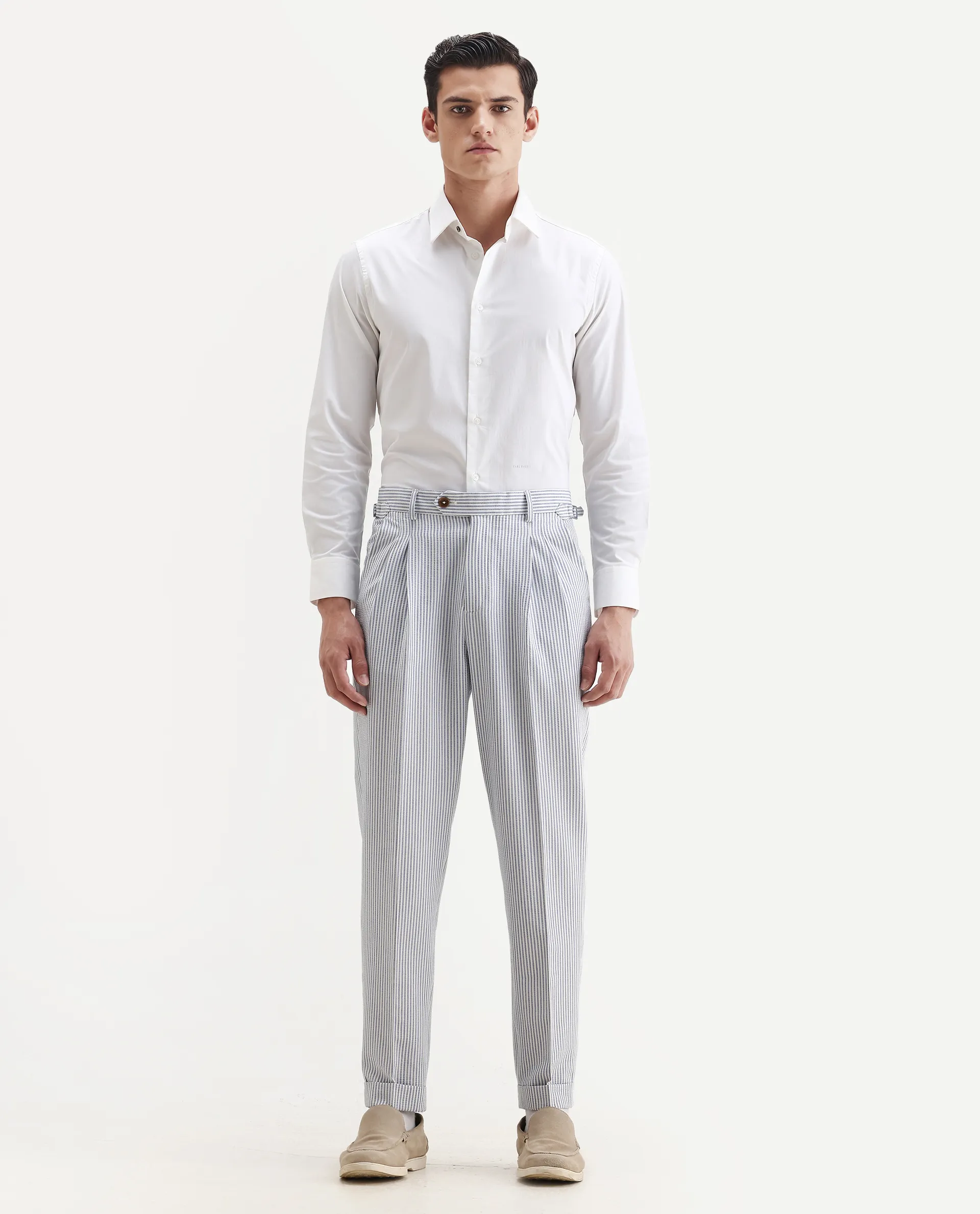 Rare Rabbit Men's Ace Light Blue Polyester Blend Striped Print Relaxed Fit Trouser - Image 6