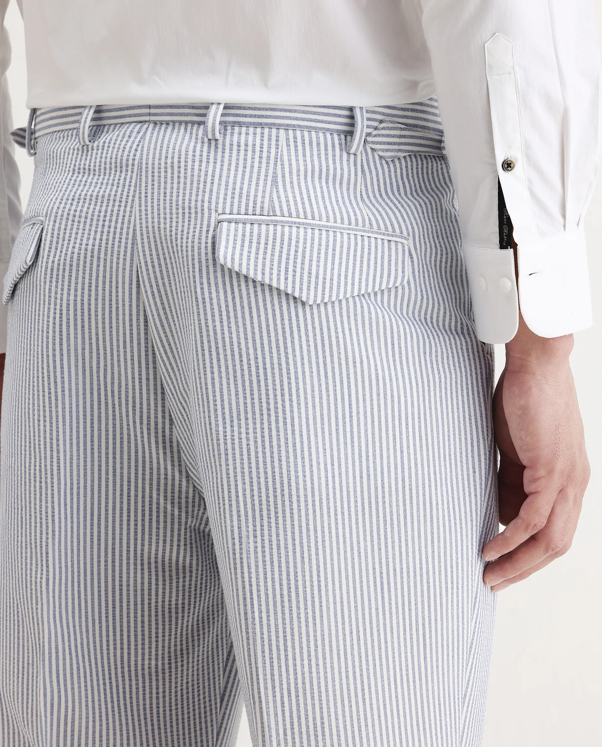 Rare Rabbit Men's Ace Light Blue Polyester Blend Striped Print Relaxed Fit Trouser - Image 7
