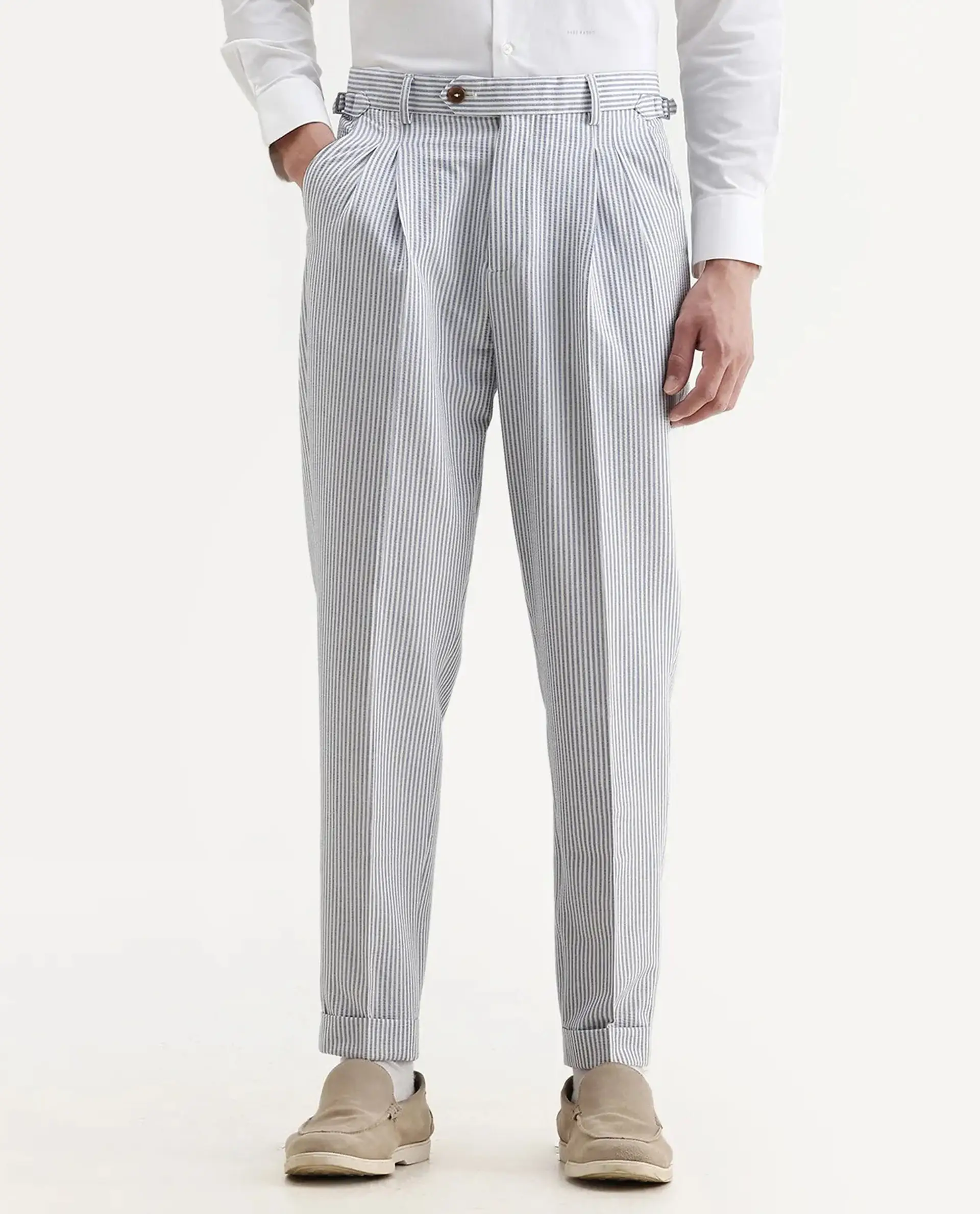 Rare Rabbit Men's Ace Light Blue Polyester Blend Striped Print Relaxed Fit Trouser - Image 9