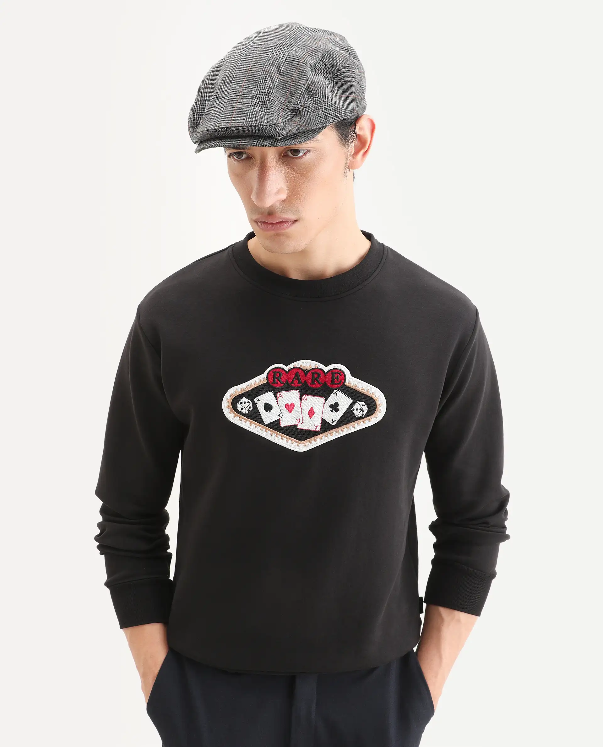 Rare Rabbit Men's Acer Black Cotton Blend Embroidered Relaxed Fit Full Sleeve Crew Neck Sweatshirt - Image 3
