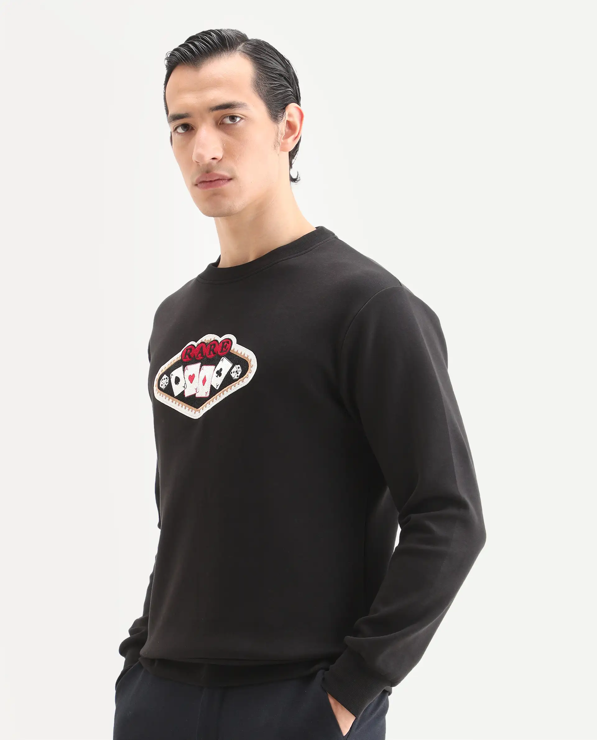 Rare Rabbit Men's Acer Black Cotton Blend Embroidered Relaxed Fit Full Sleeve Crew Neck Sweatshirt - Image 4