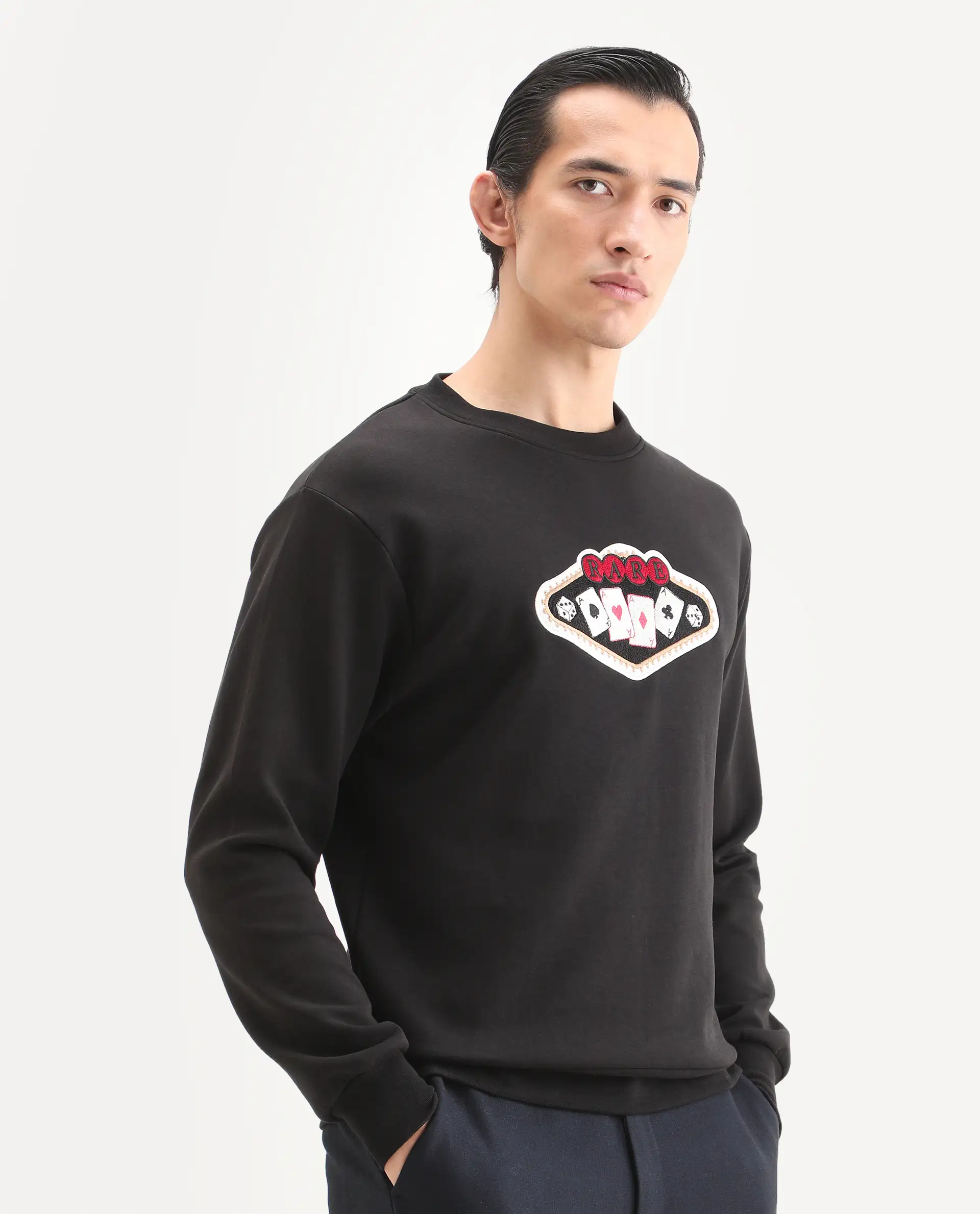 Rare Rabbit Men's Acer Black Cotton Blend Embroidered Relaxed Fit Full Sleeve Crew Neck Sweatshirt - Image 5