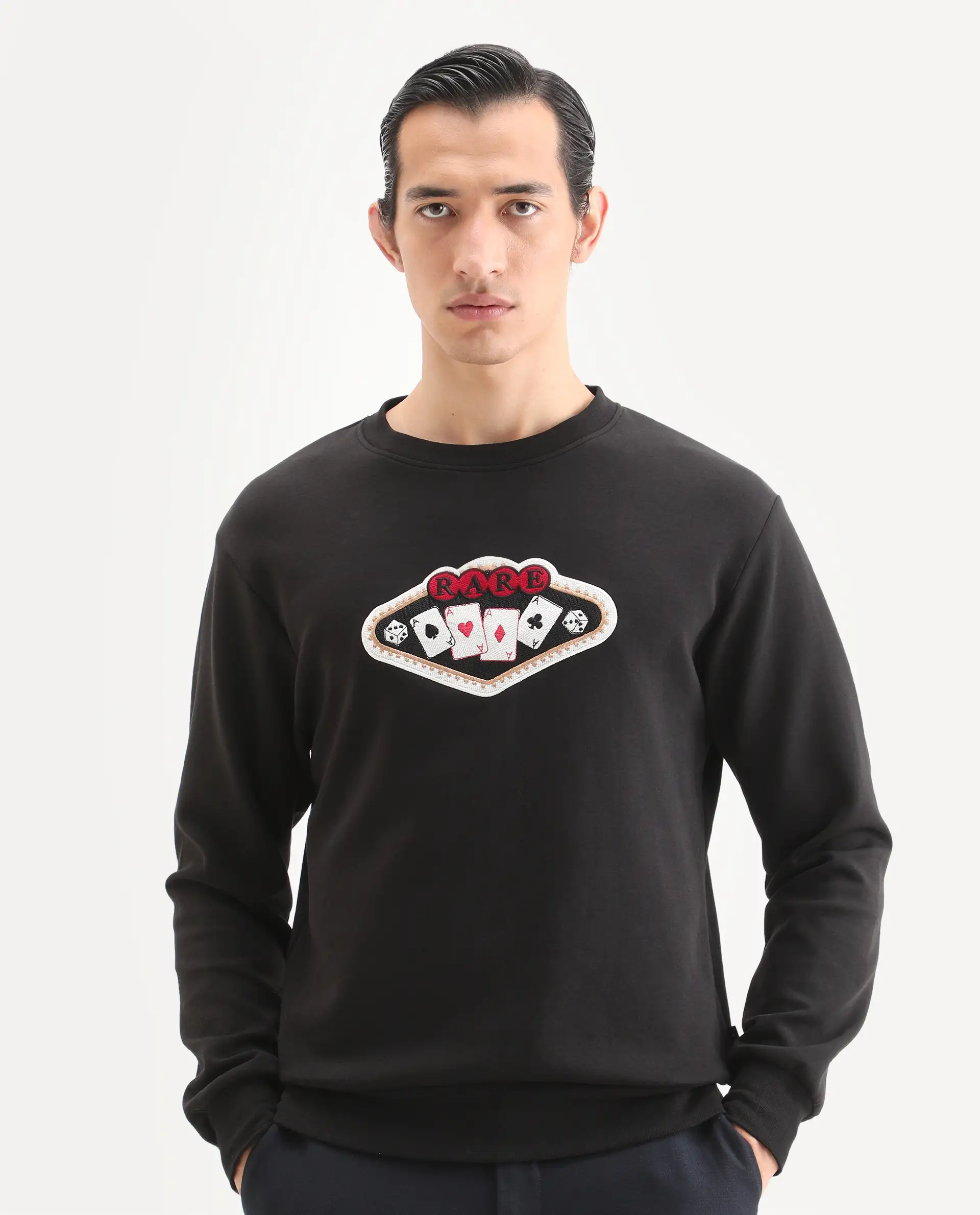 Rare Rabbit Men's Acer Black Cotton Blend Embroidered Relaxed Fit Full Sleeve Crew Neck Sweatshirt - Image 6
