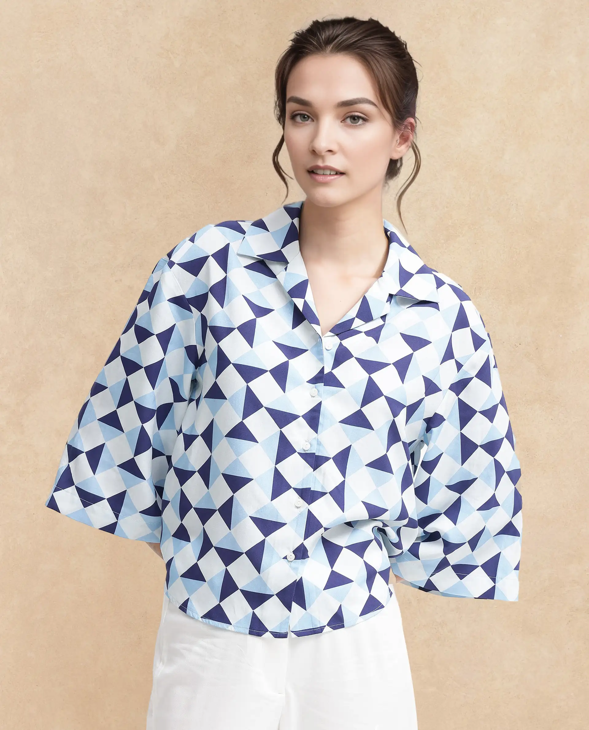 Rareism Women's Acerra Blue Viscose Blend Drop Collar Geometric Print Regular Fit Shirt - Image 2