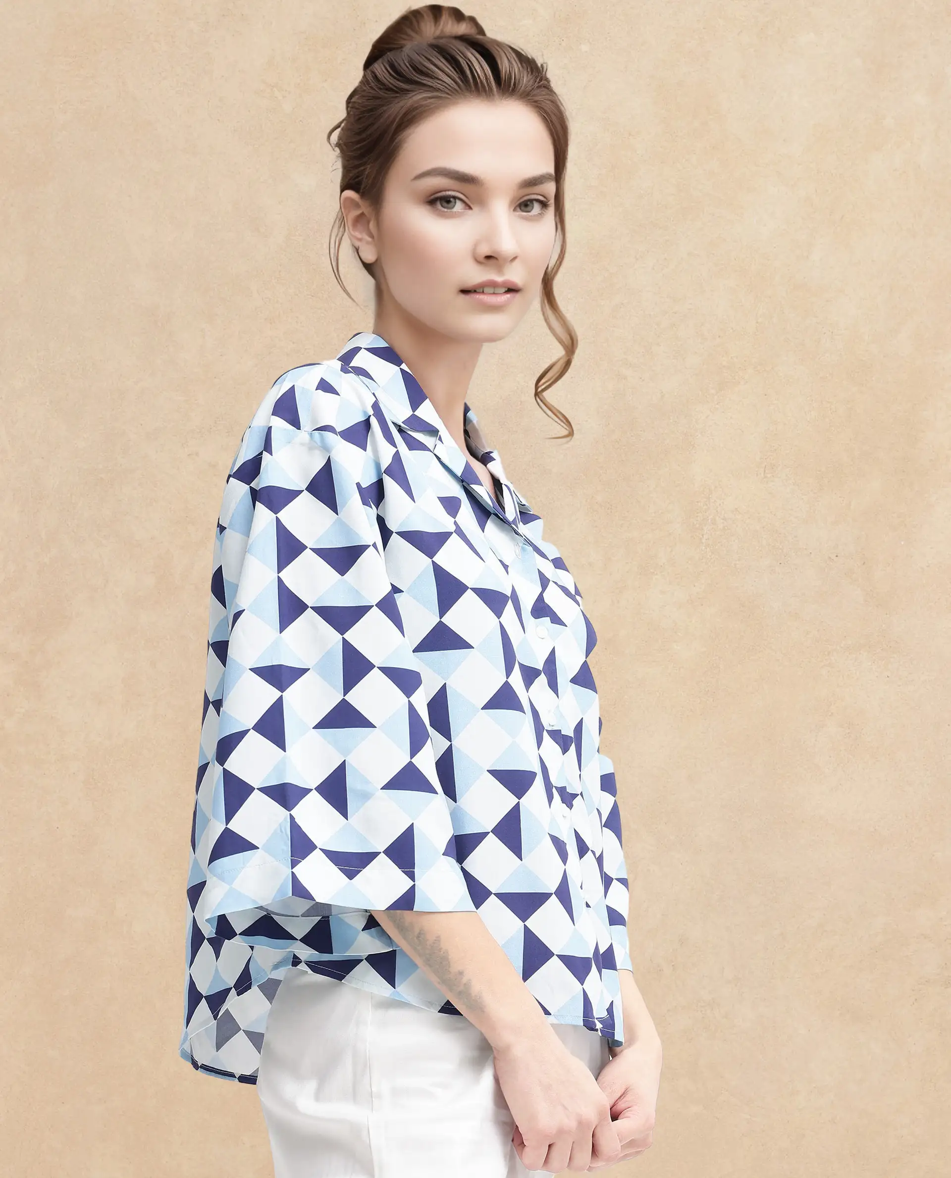 Rareism Women's Acerra Blue Viscose Blend Drop Collar Geometric Print Regular Fit Shirt - Image 4