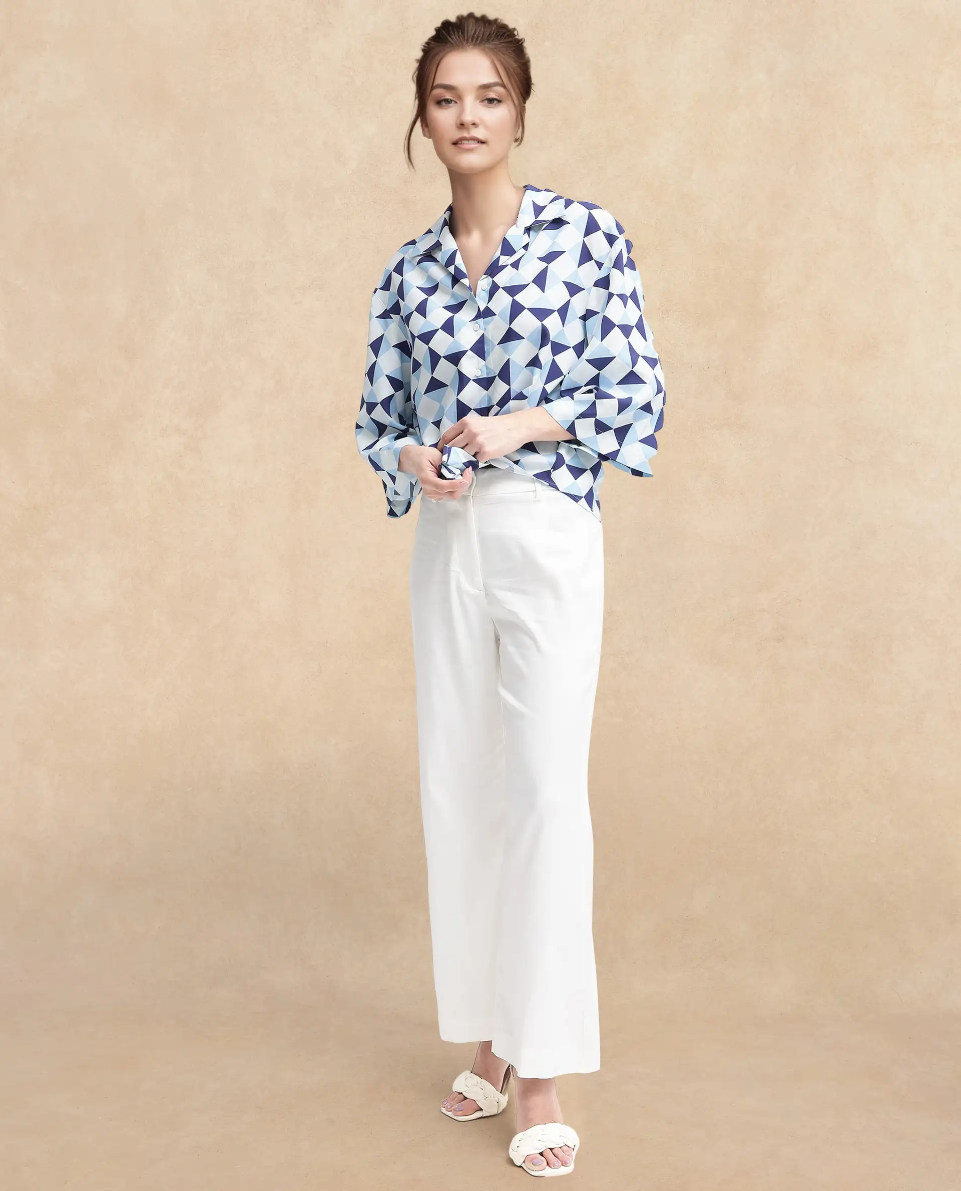 Rareism Women's Acerra Blue Viscose Blend Drop Collar Geometric Print Regular Fit Shirt - Image 5