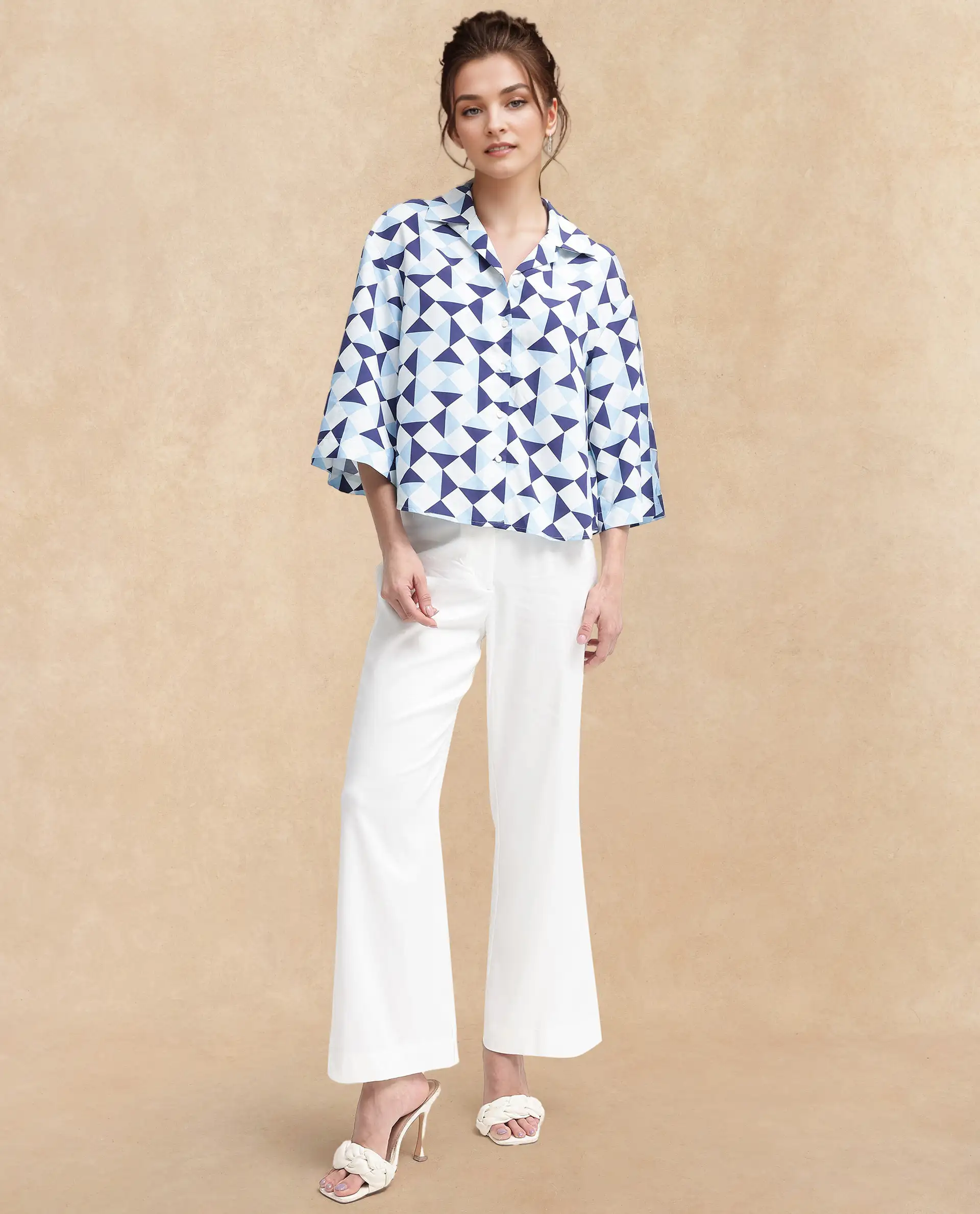 Rareism Women's Acerra Blue Viscose Blend Drop Collar Geometric Print Regular Fit Shirt - Image 6
