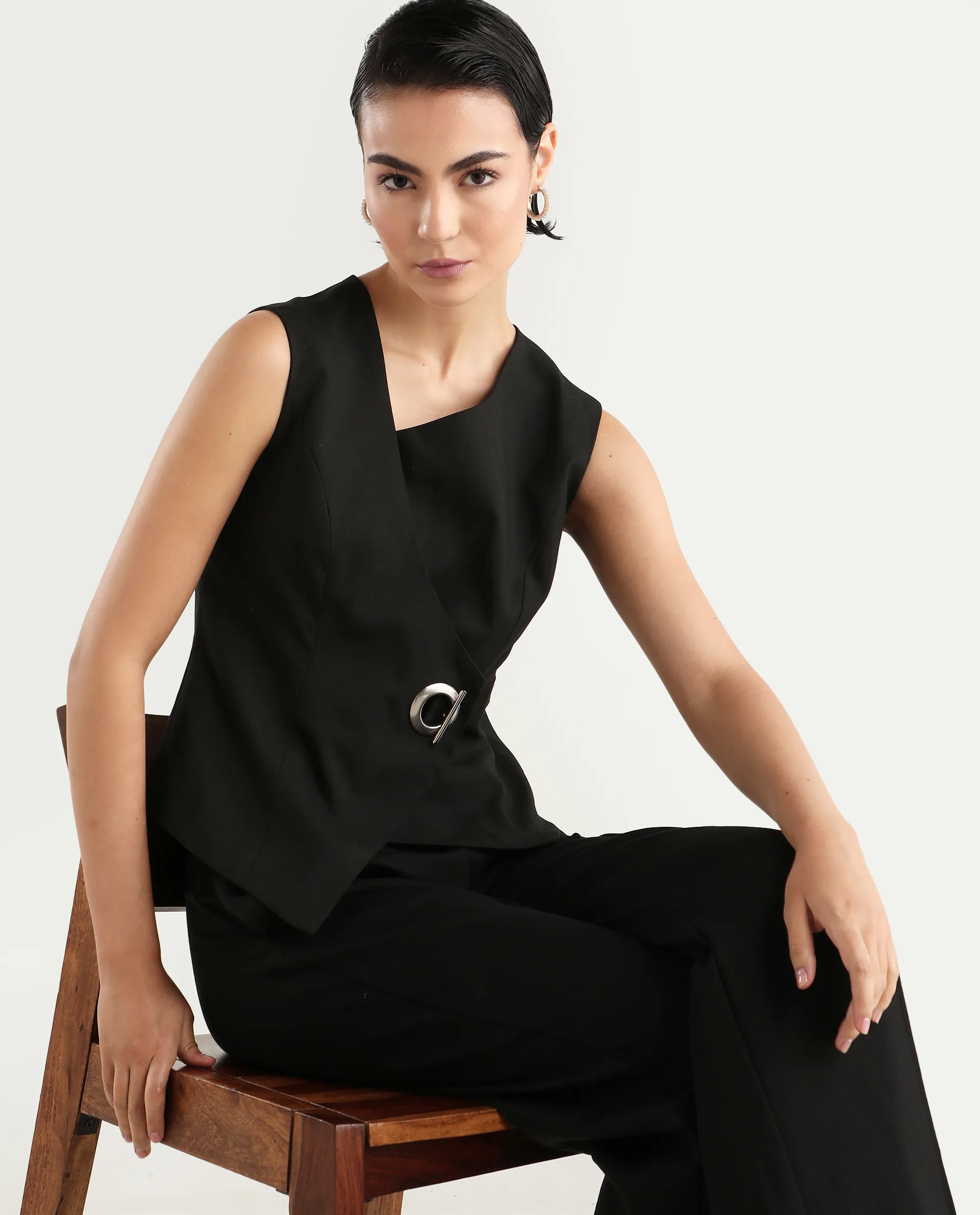 Rareism Women's Achilles Black Cotton Blend Asymmetric Neck Plain Sleeveless Regular Fitted Top