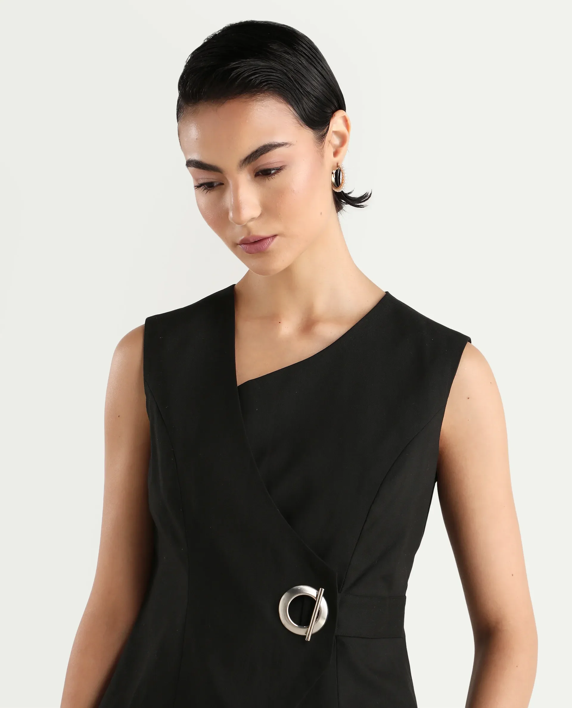 Rareism Women's Achilles Black Cotton Blend Asymmetric Neck Plain Sleeveless Regular Fitted Top - Image 3