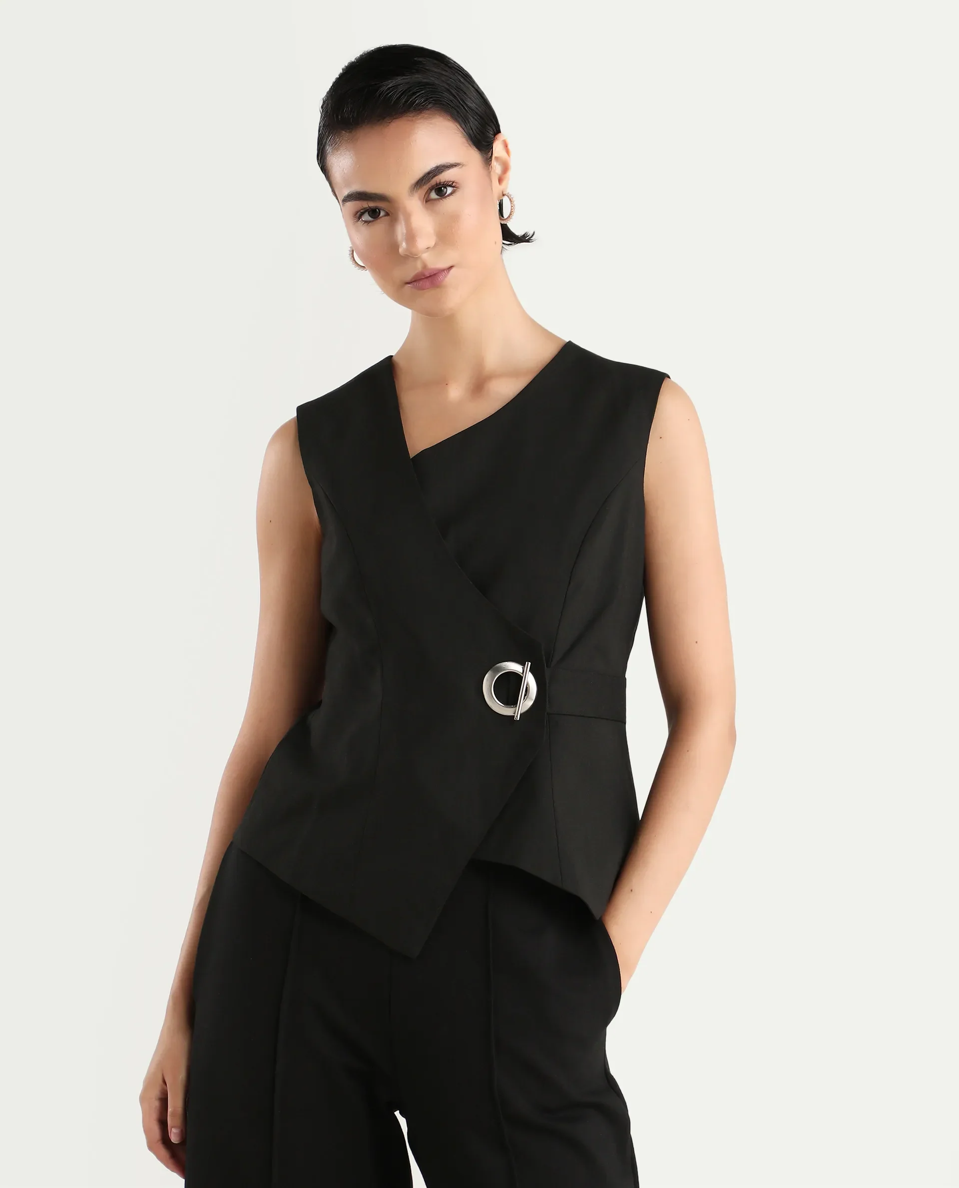 Rareism Women's Achilles Black Cotton Blend Asymmetric Neck Plain Sleeveless Regular Fitted Top - Image 4