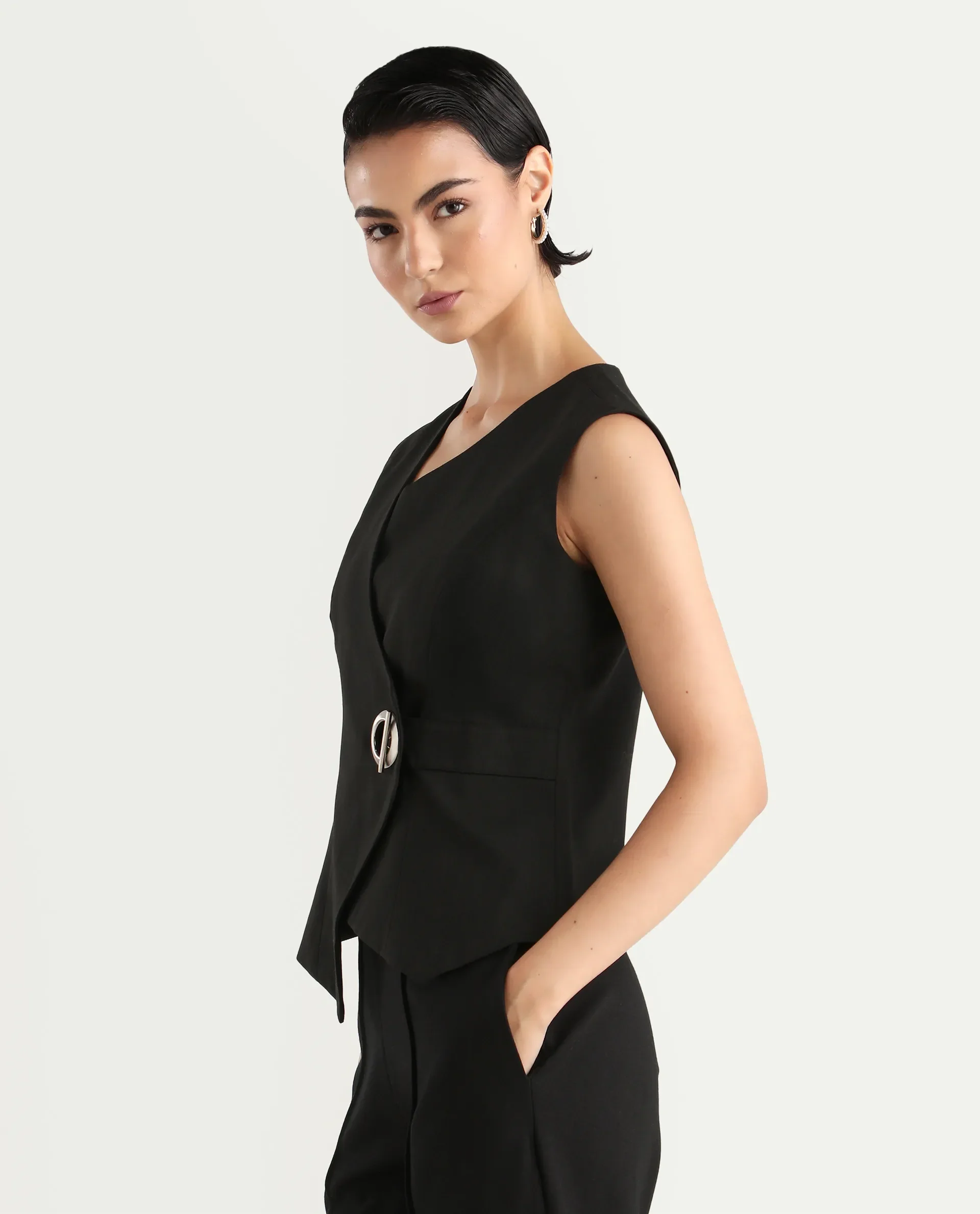 Rareism Women's Achilles Black Cotton Blend Asymmetric Neck Plain Sleeveless Regular Fitted Top - Image 5
